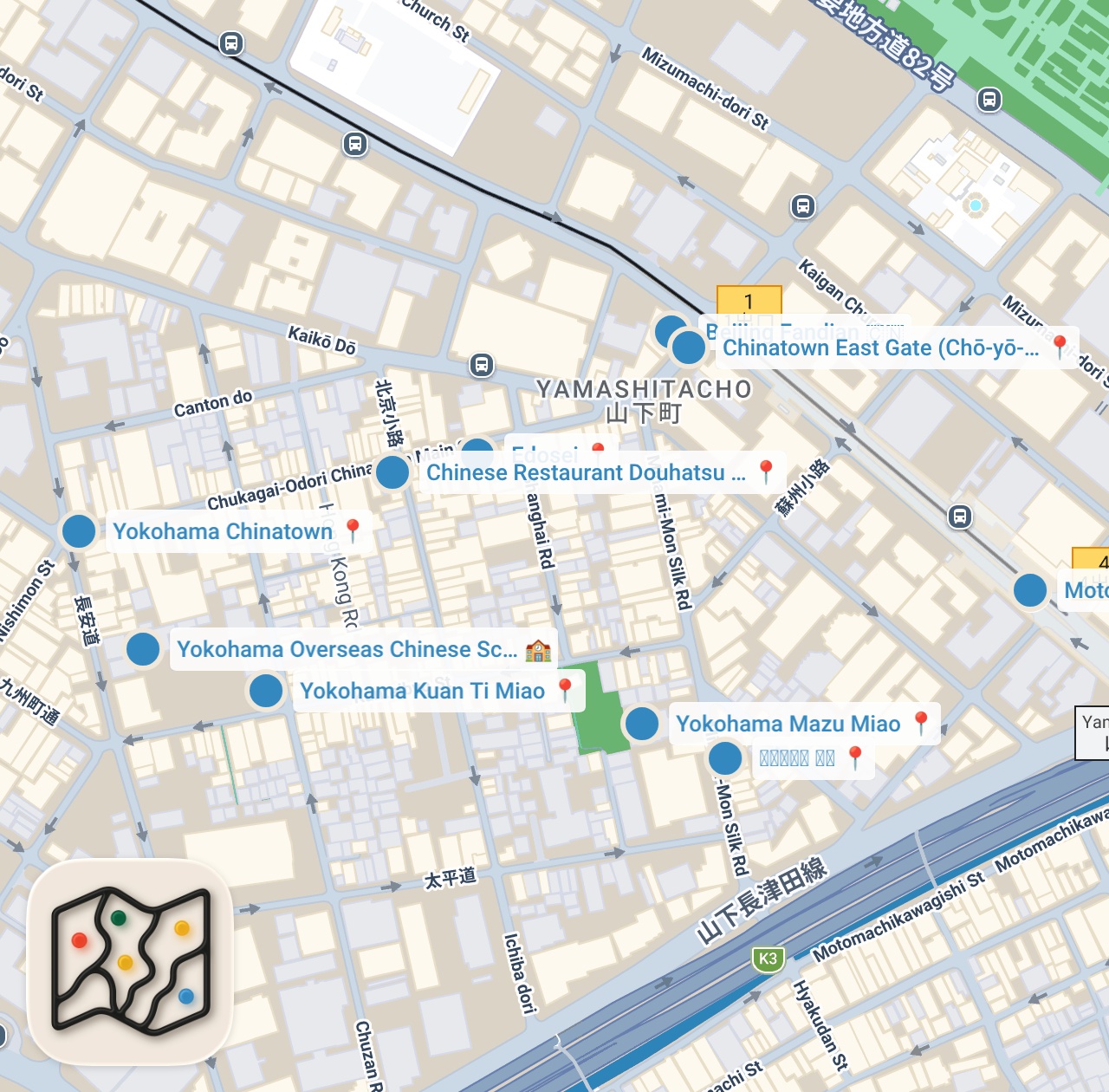 Map preview for 【横浜中華街】グルメ大使のグルメ攻略ガイド（穴場の肉まんや焼小籠包など食べ歩き）