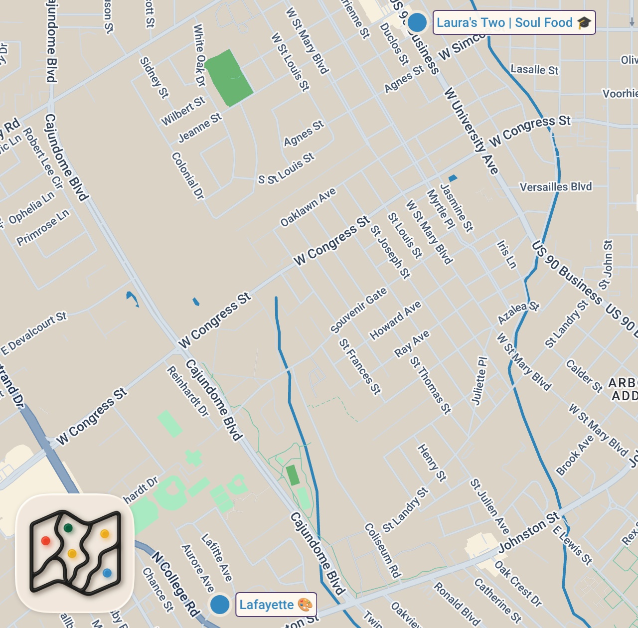 Map of 2 spots from 2 Pound TURKEY WINGS!! Giant SOUL FOOD at Laura’s II - Lafayette!