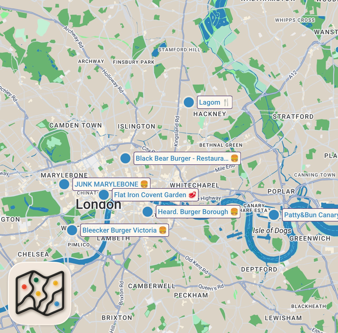 Map of 7 spots from Finding the Best Burger in London