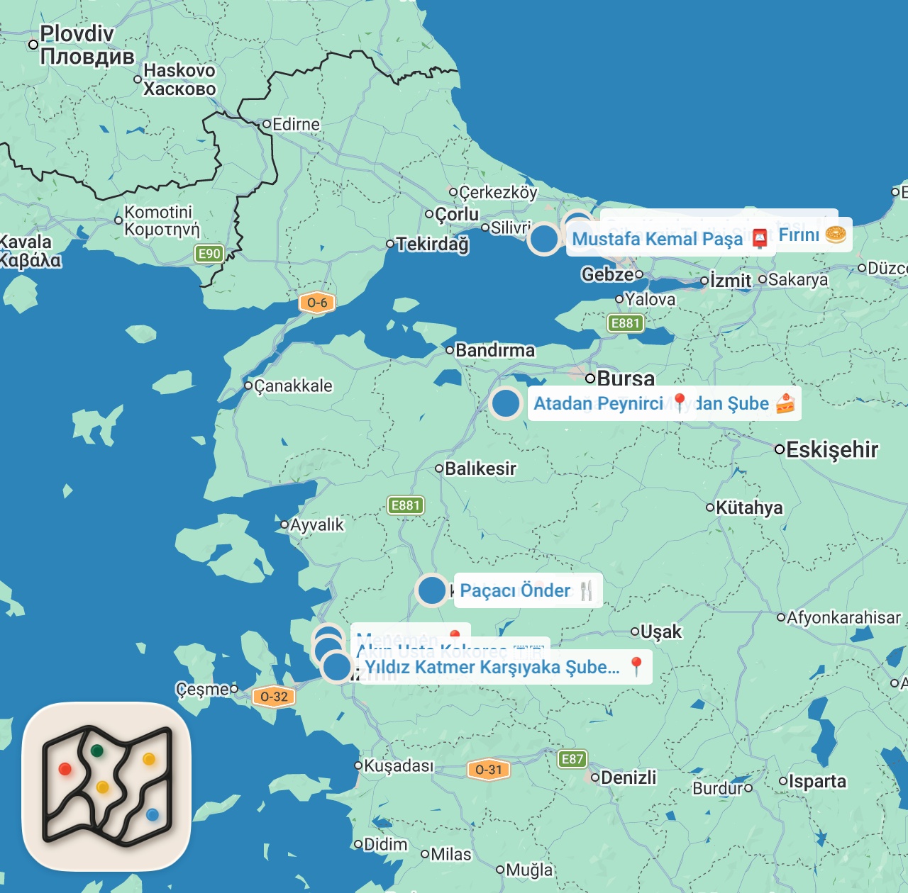 Map preview for İSTANBUL - İZMİR YOL ÜSTÜ LEZZET DURAKLARI (2021) - Ayaküstü Lezzetler
