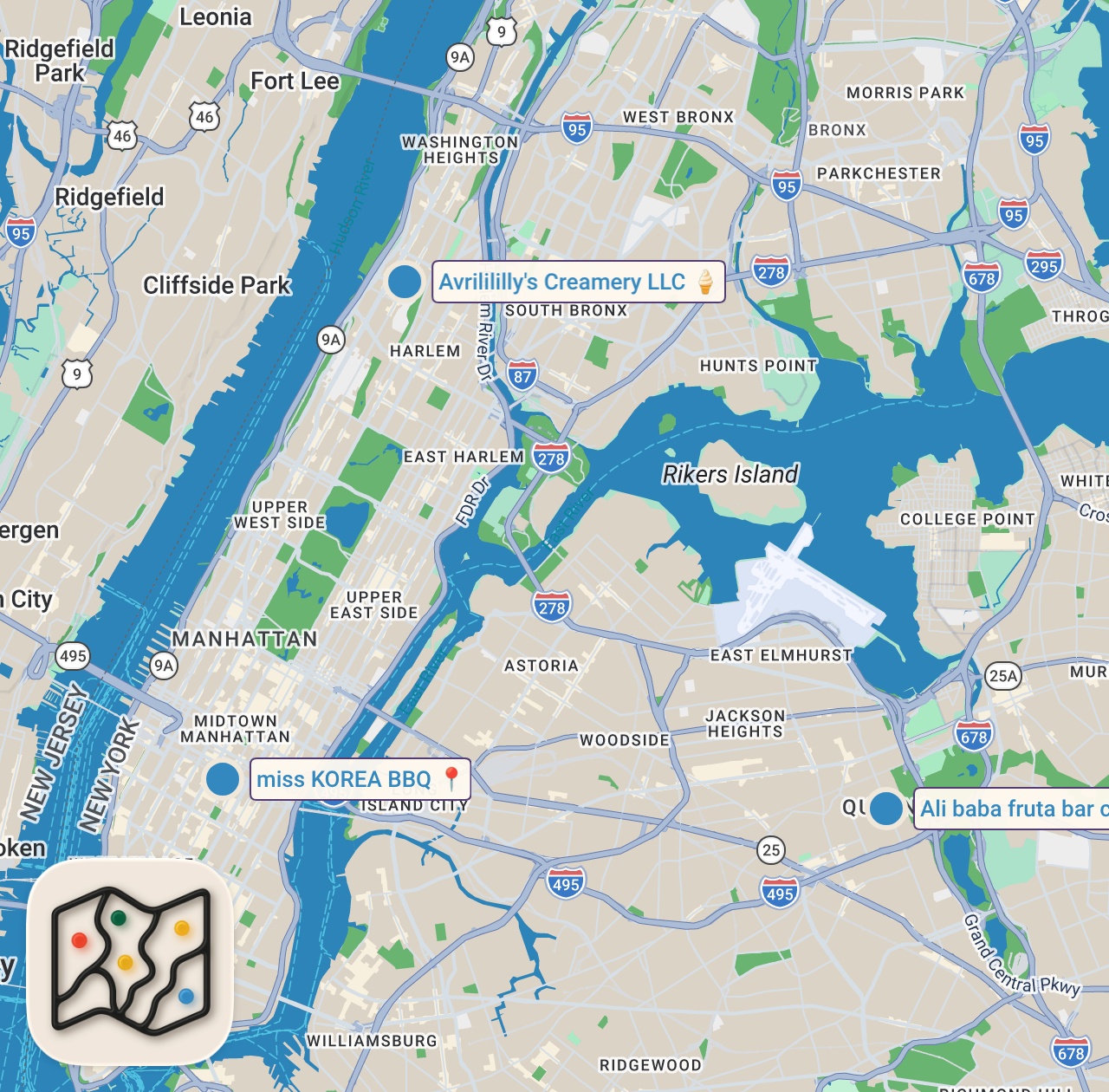 Map of 3 spots from ONLY EATING AT HIDDEN RESTAURANTS IN NYC FOR THE DAY #shorts