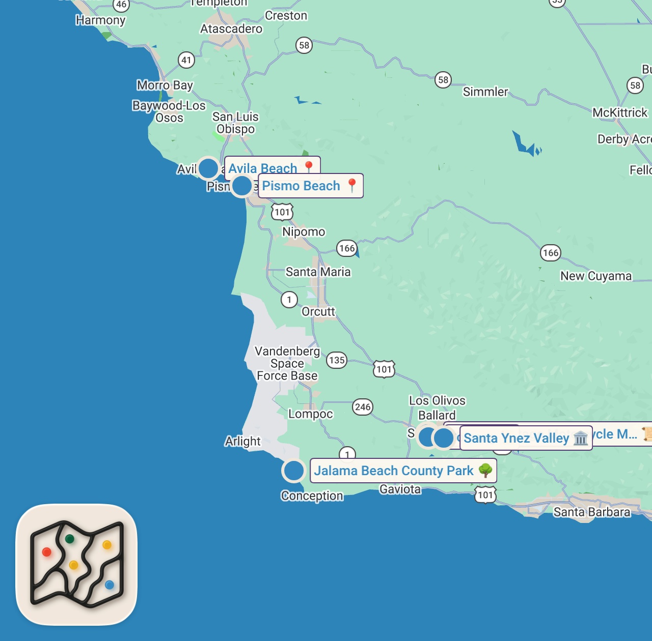 Map of 6 spots from Exploring California by Motorcycle | LA to Big Sur Moto Camping (Day 2)