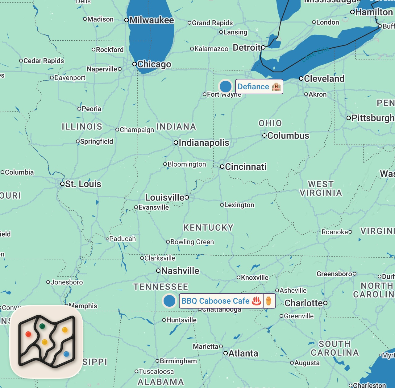 Map of 3 spots from Eating in Tennessee's Most Historic Town... (Home of Jack Daniel's)