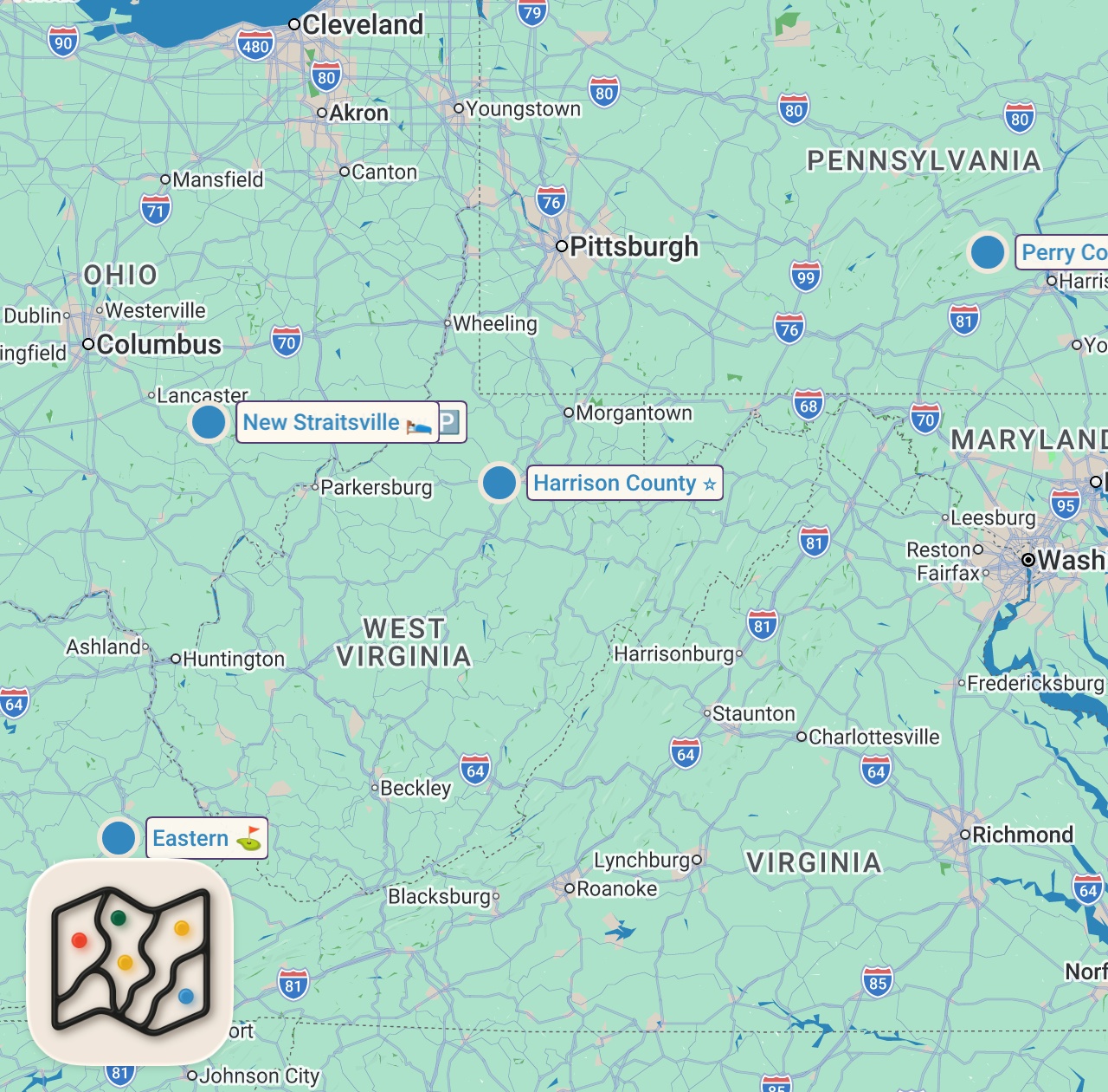 Map of 5 spots from Hunting for the Grassman | Mountain Monsters | Travel Channel