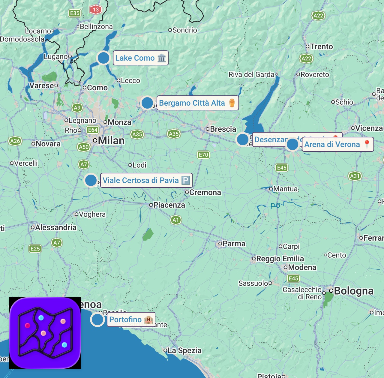 Map of 6 spots from Top 7 Best Day Trips from Milan Italy | Milan Day Trip Destinations