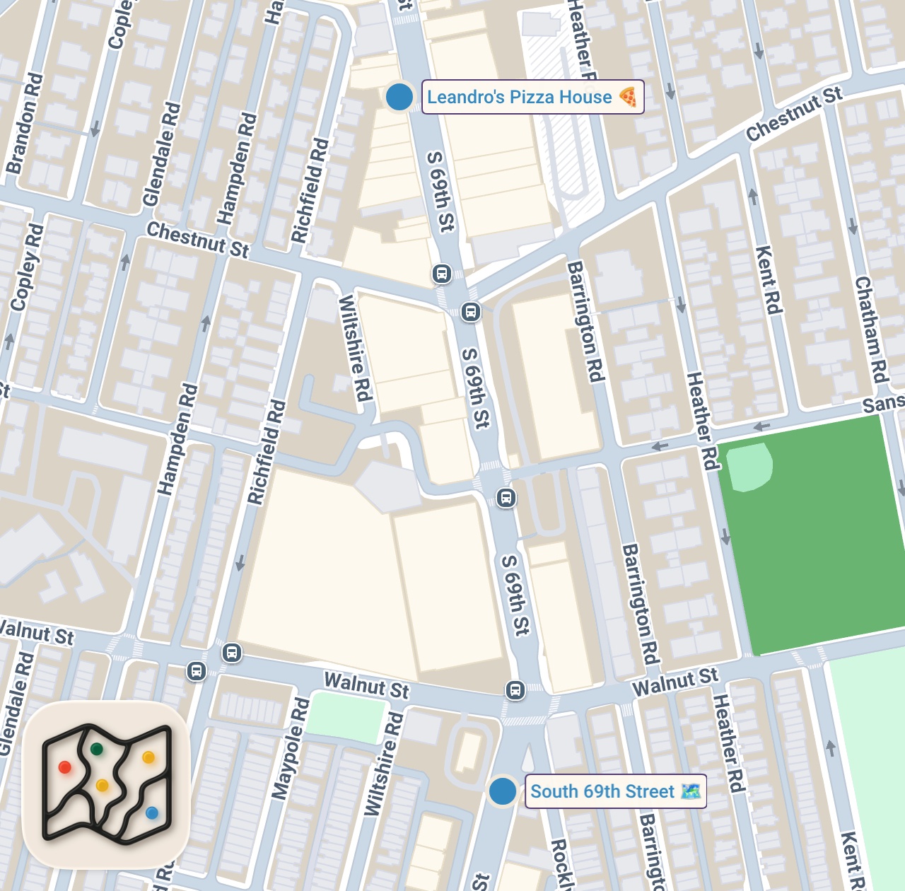 Map of 2 spots from Leandro's Pizza on 69th Street - Best Beef Pepperoni Slice?