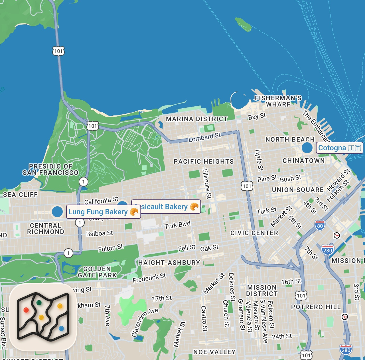 Map of 3 spots from 24 HOURS IN SAN FRANCISCO: DAY 1