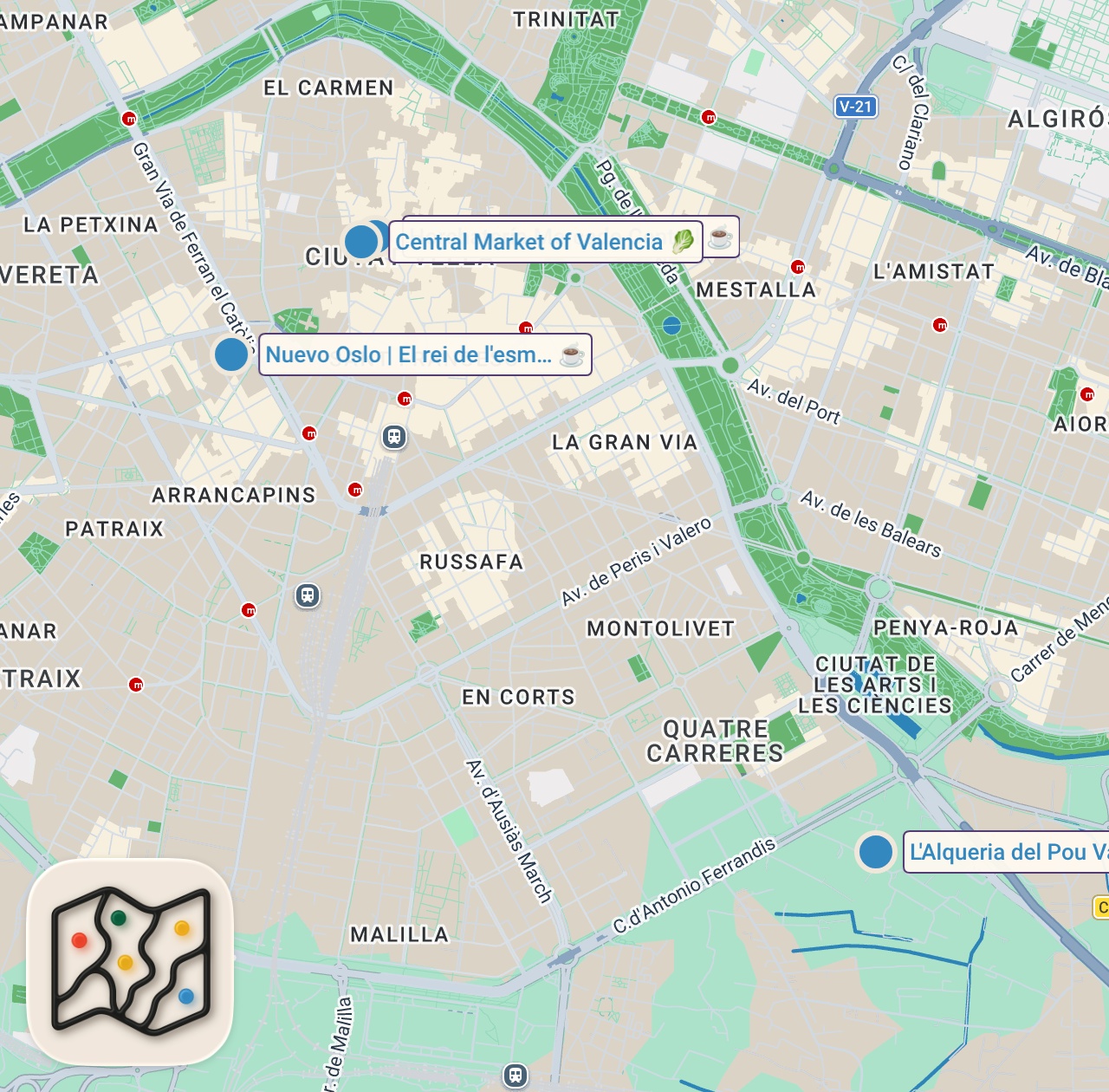 Map of 4 spots from 24 Hours In VALENCIA - HUGE Paella & HUGE Bocadillo + Local Spanish Food 🇪🇸