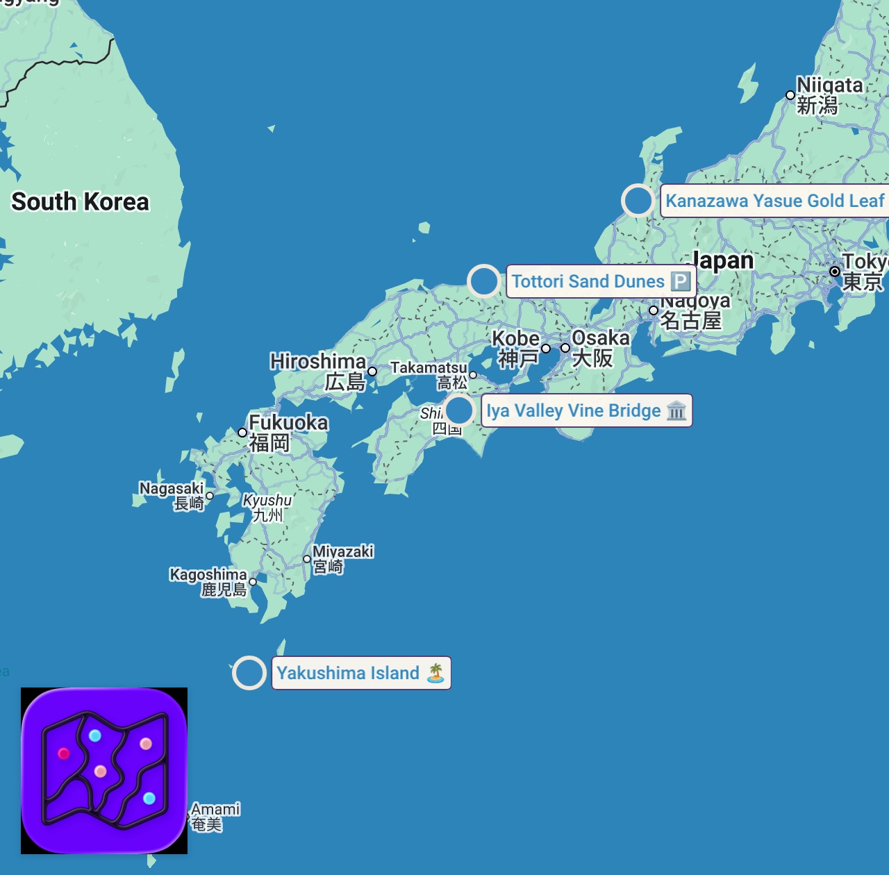 Map of 4 spots from Most Underrated Places in Japan You Must See