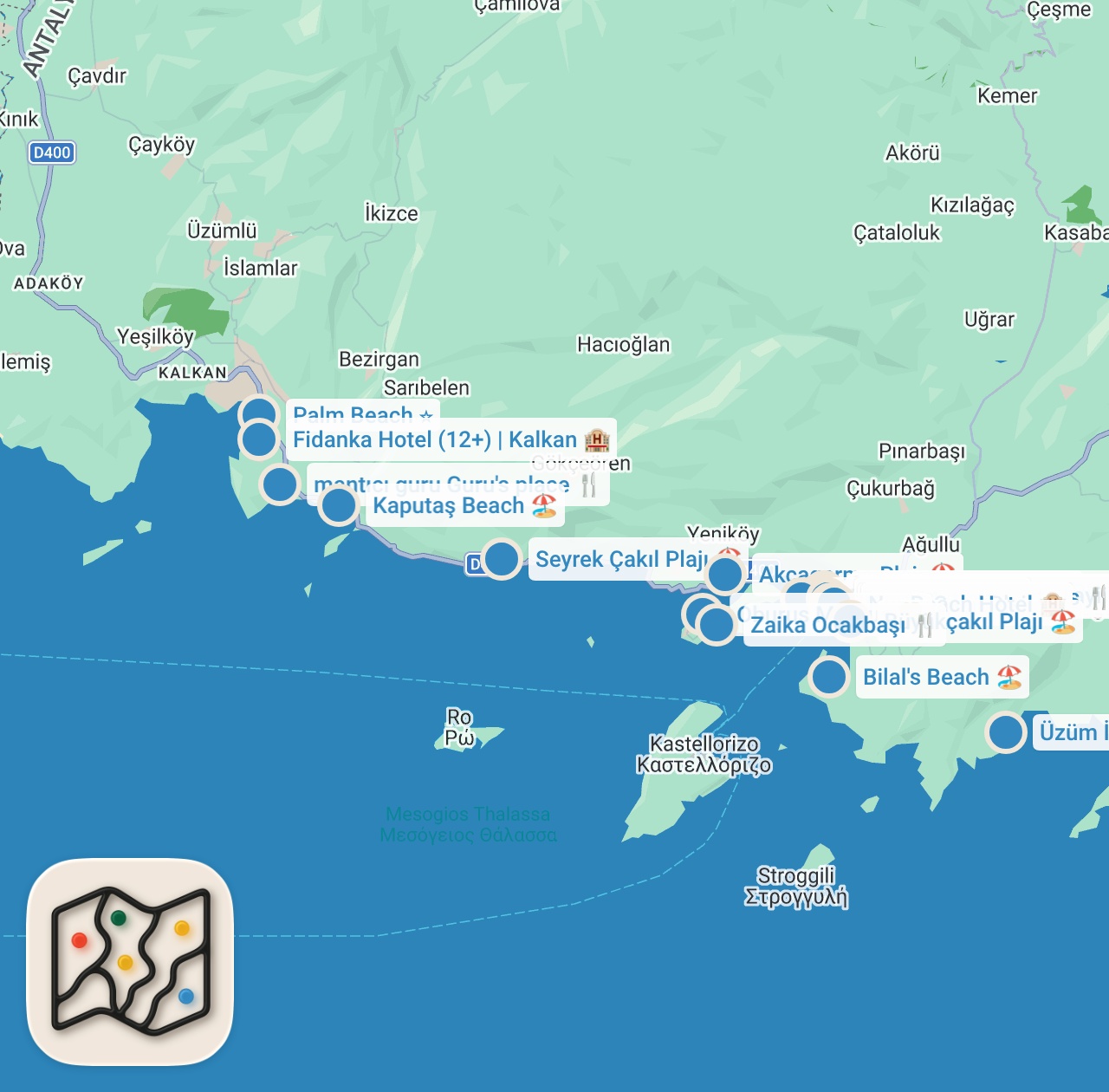 Map preview for KAŞ VE KALKAN LEZZETLERİ (10 mekan ve 10 plaj önerisiyle en kapsamlı rehber) - Ayaküstü Lezzetler