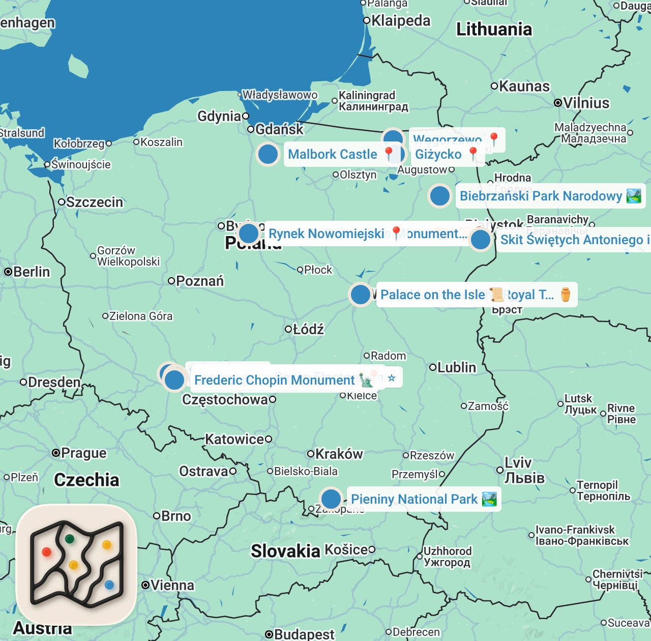 Map preview for POLSKA JEST PIĘKNA CZ. 2 | Najlepsze atrakcje: malowana wieś, pustelnia, zabytki UNESCO i natura