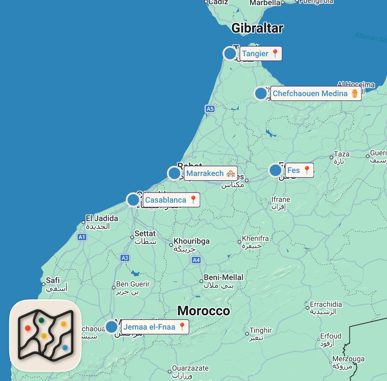 Map of 7 spots from رائي حول رحلة المغرب 🇲🇦  -- إيجابيات و سلبيات