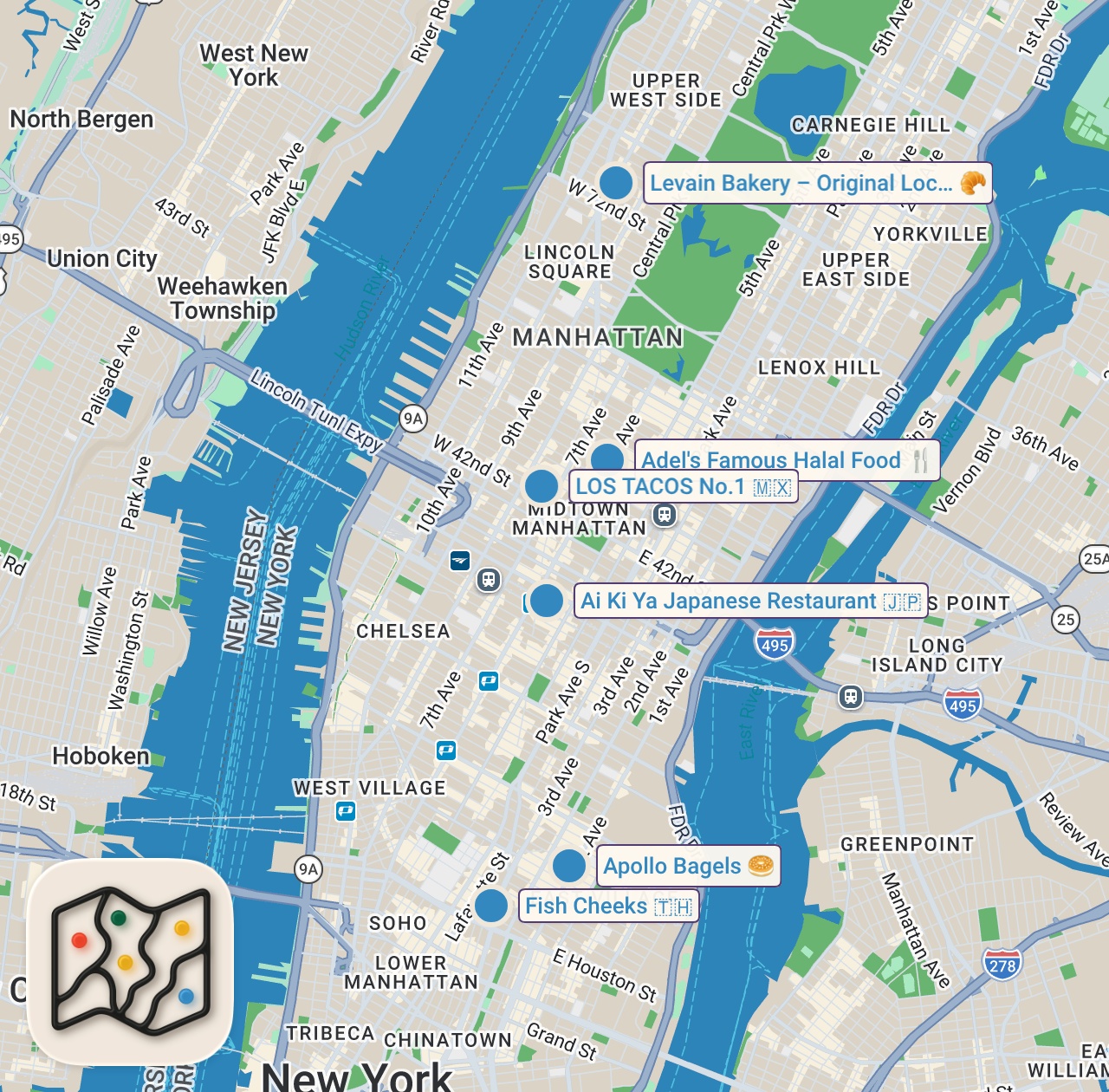 Map of 6 spots from EATING ONLY AT VIRAL PLACES IN NEW YORK FOR 24 HOURS 🍎