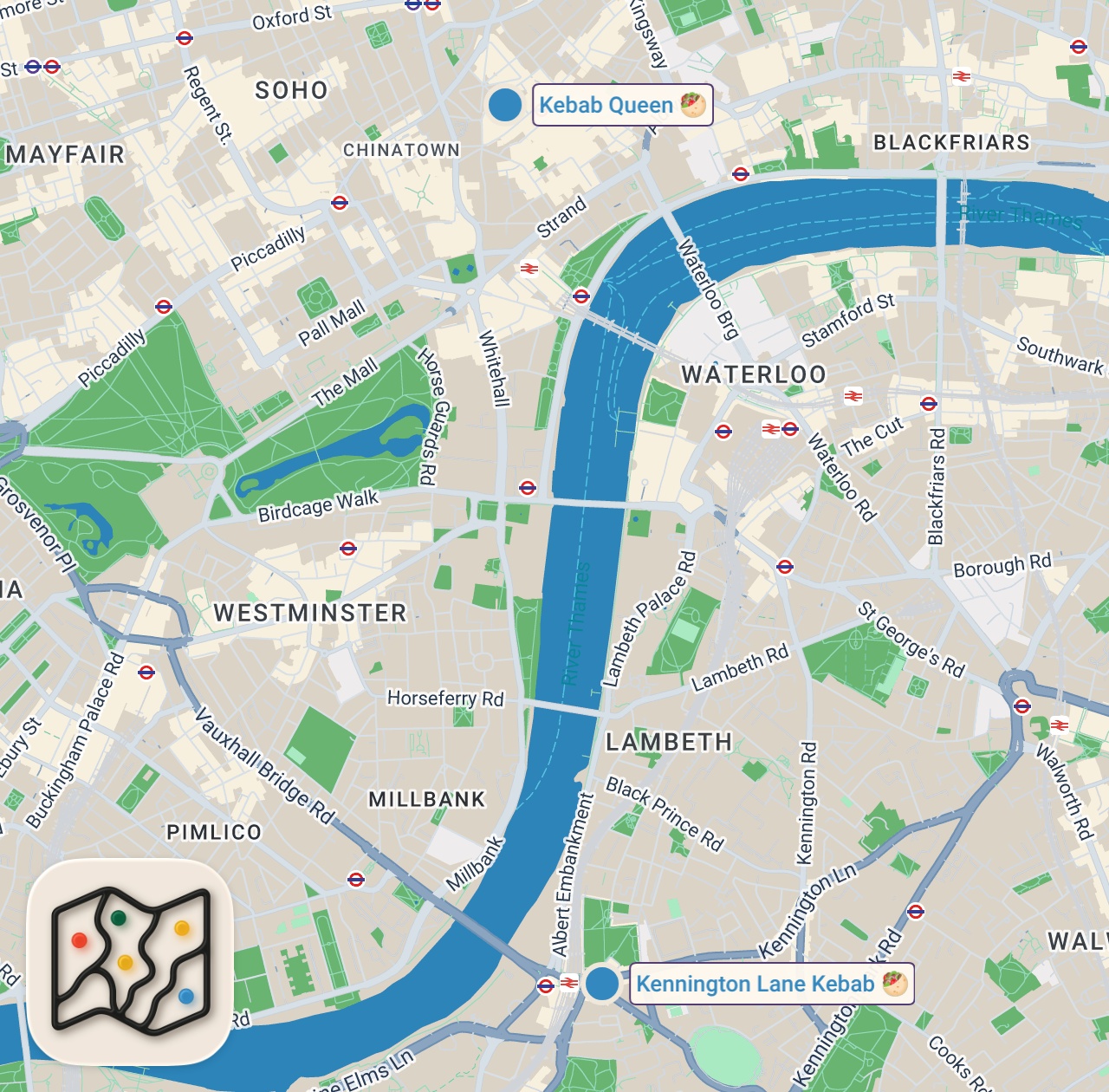 Map of 2 spots from £10 vs £175 Kebab