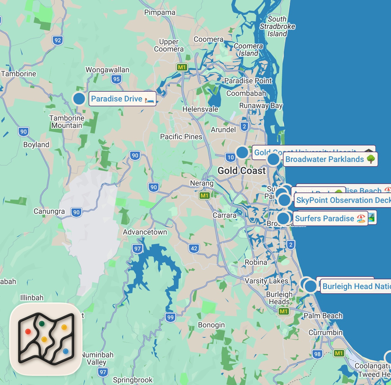 Map of 12 spots from Gold Coast, Australia Travel Guide: MUST-SEE beaches, amusement parks and more