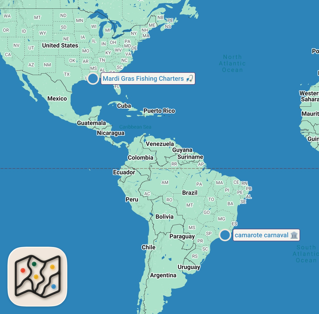Map of 2 spots from 10 BEST CARNIVAL PARTIES in the WORLD