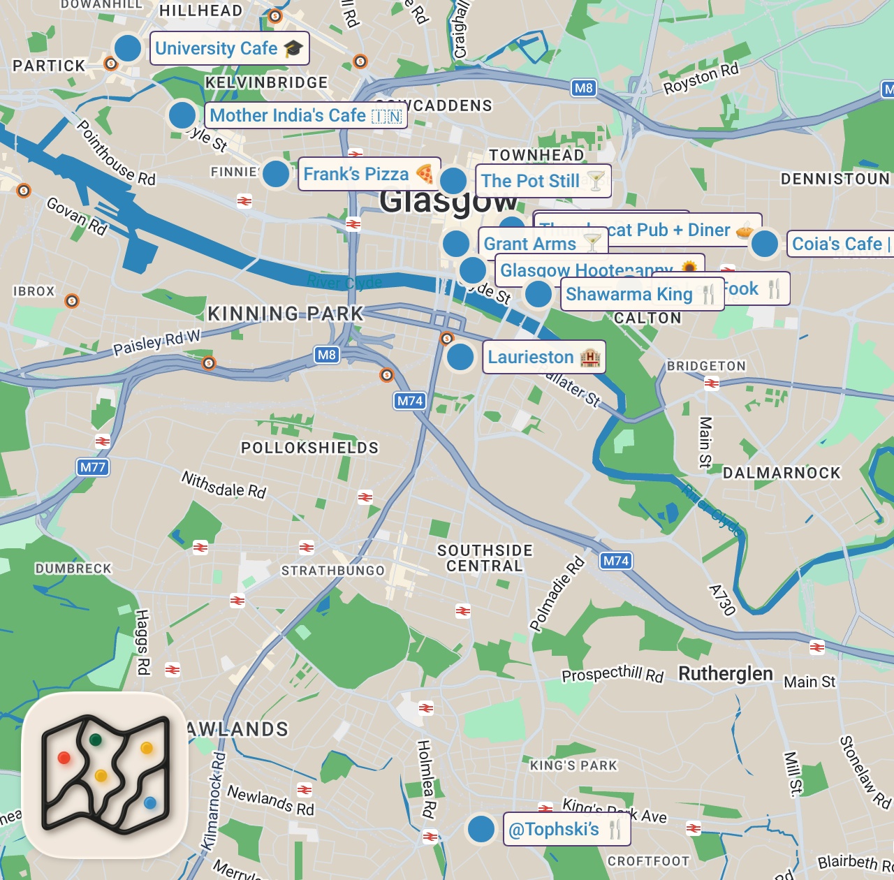 Map of 14 spots from GLASGOW'S BEST FOOD AND DRINK GUIDE