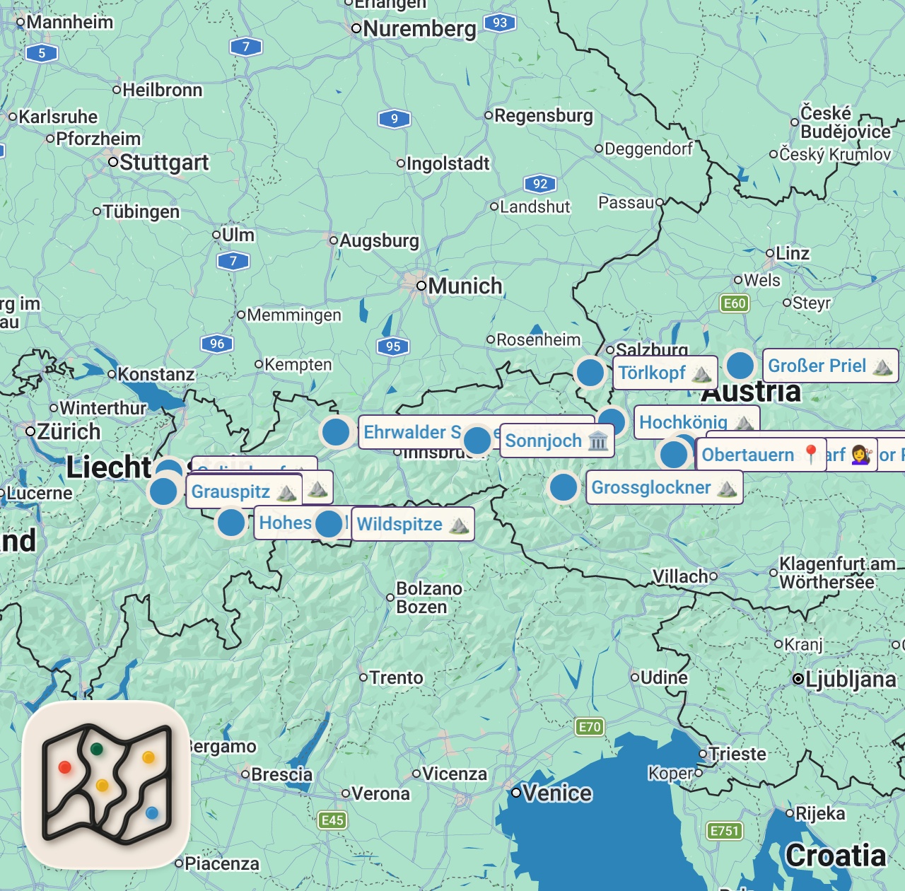 Map of 19 spots from ÖSTERREICH REISEFILM | Wunder der Bergwelt 🇦🇹