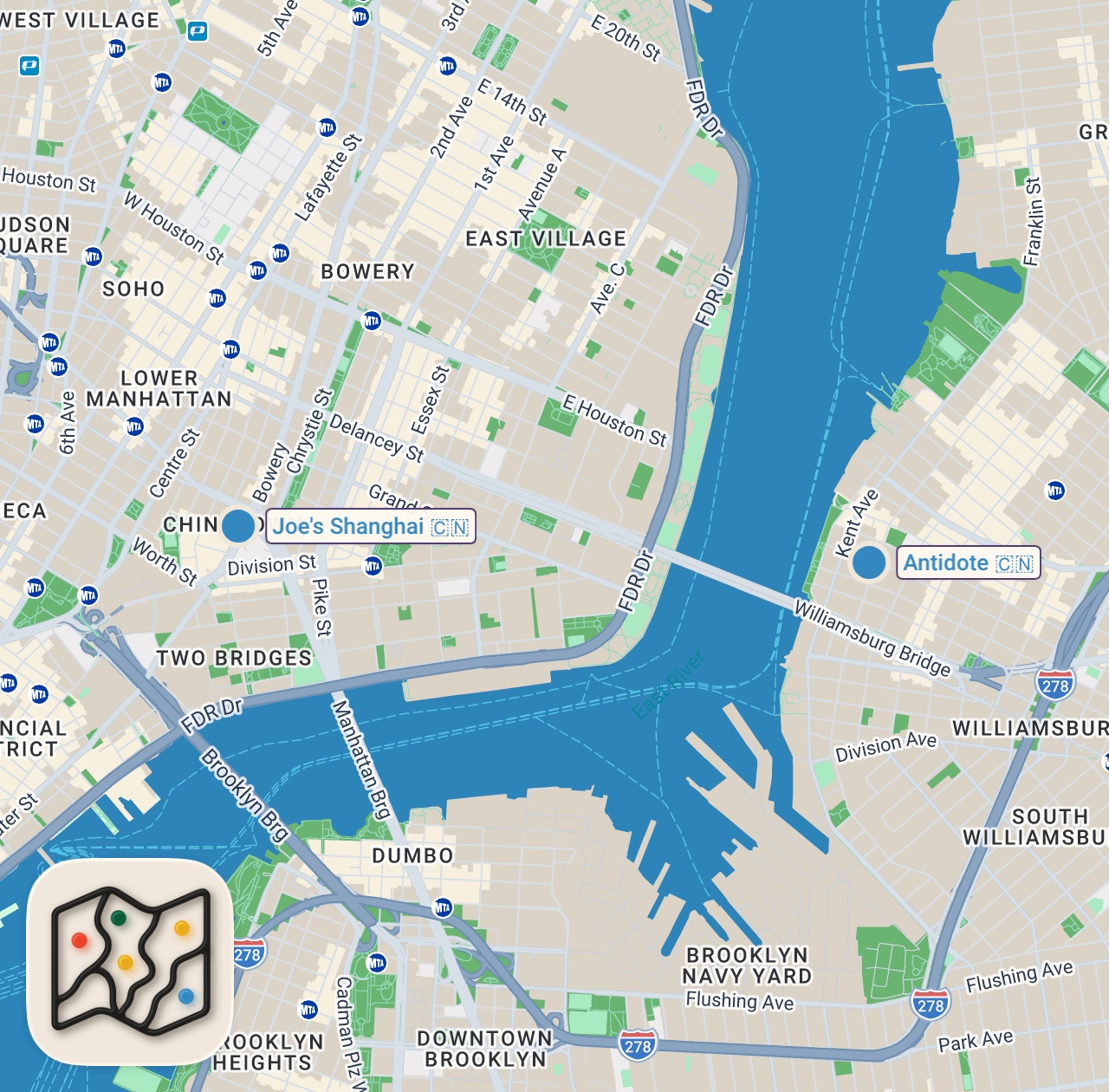 Map of 2 spots from Eating & Rating the BEST and WORST Chinese restaurants in NYC