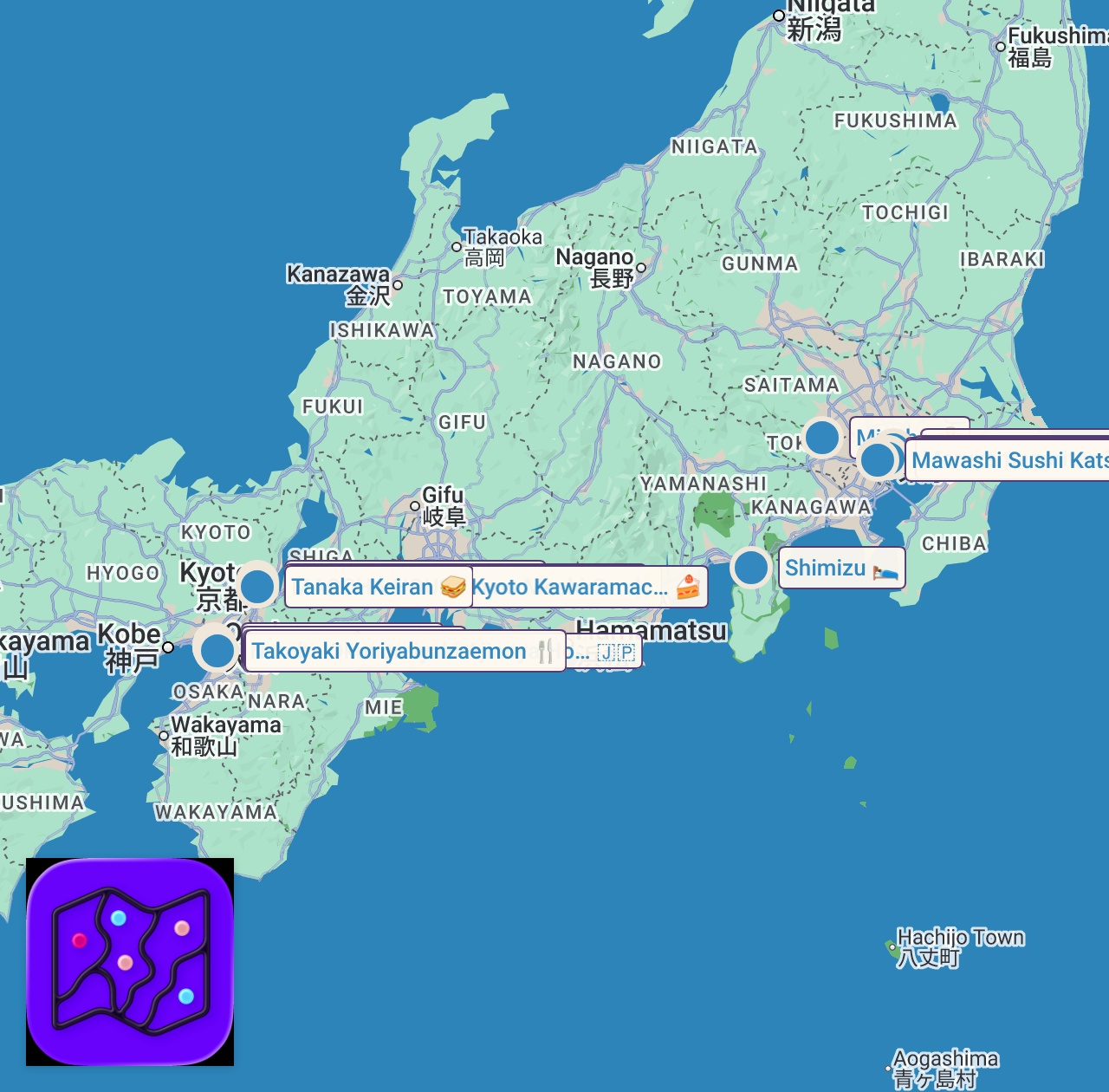 Map of 24 spots from 10 Foods YOU MUST Try in Japan:  Food and Travel Guide