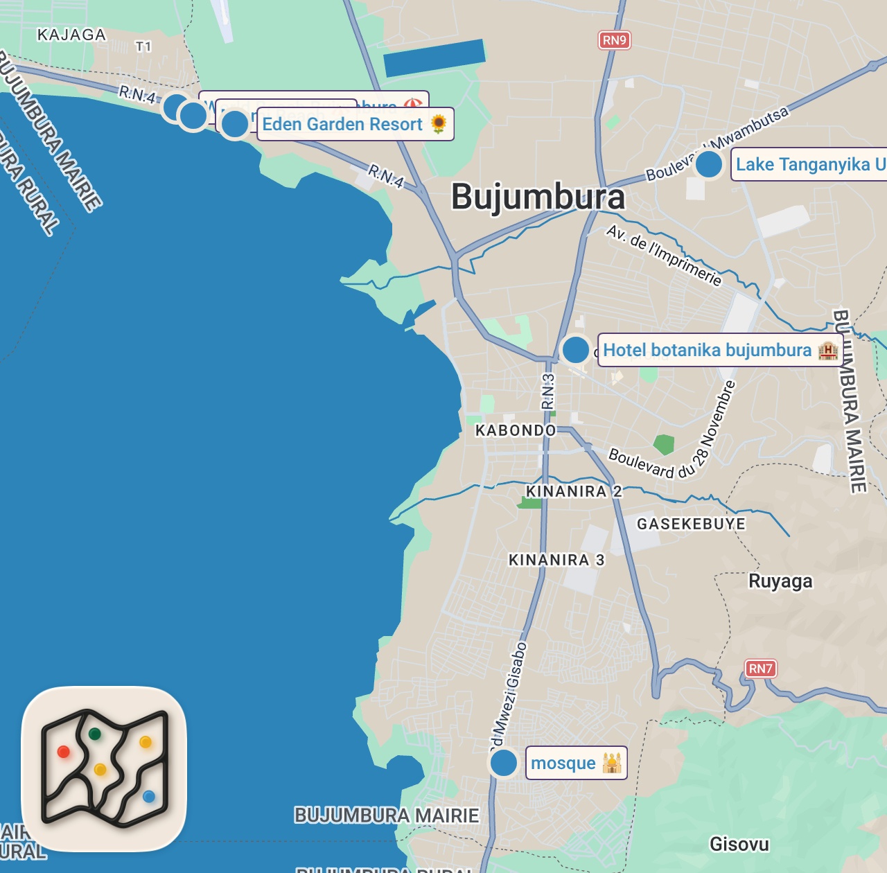 Map of 6 spots from The Fancy Side Of Burundi Nobody Talks About - Bujumbura 🇧🇮