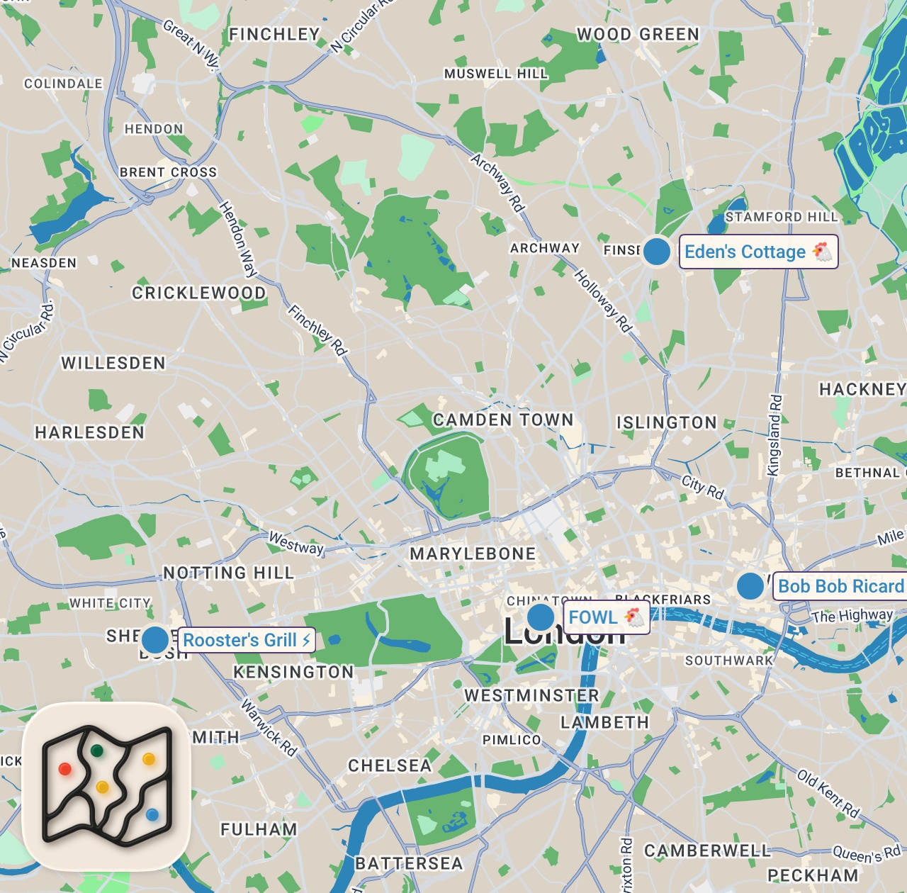 Map of 4 spots from $2 vs $200 Fried Chicken