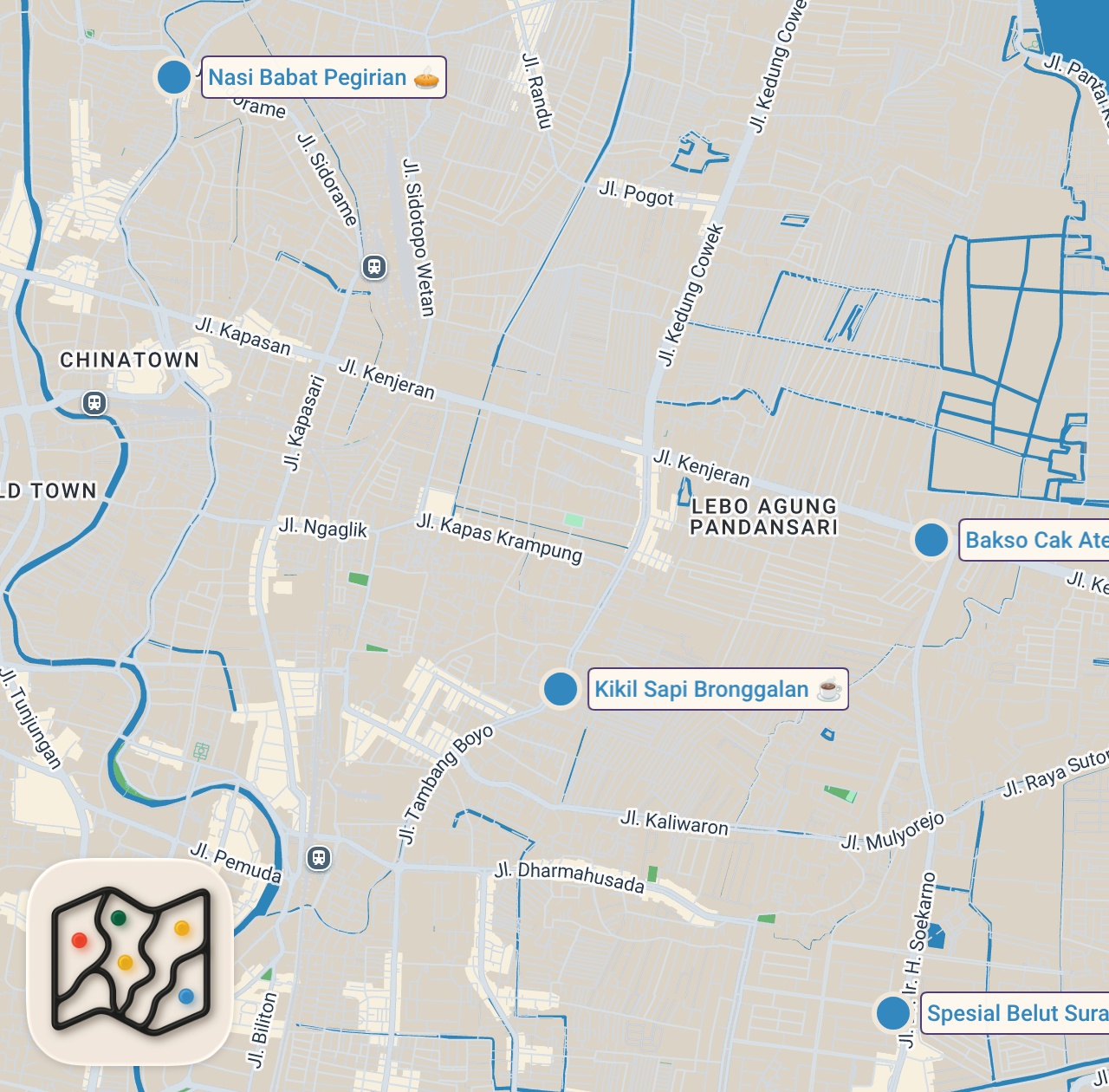 Map of 4 spots from EXTREME Indonesian Street Food!! NASI BABAT - Serves 100’s Per Night in Surabaya!