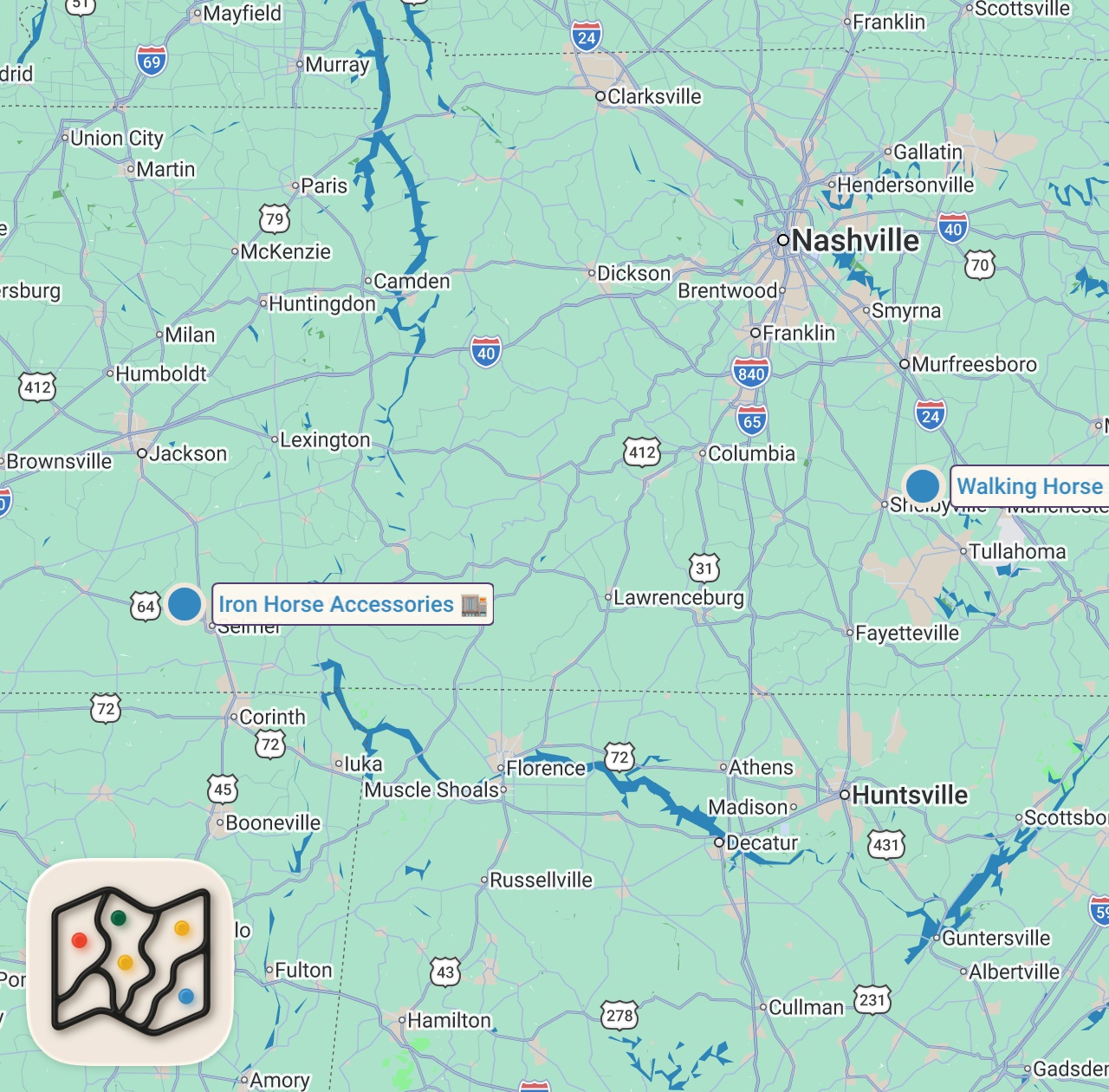 Map of 4 spots from Eating in Tennessee Smallest Towns For 24 Hours...