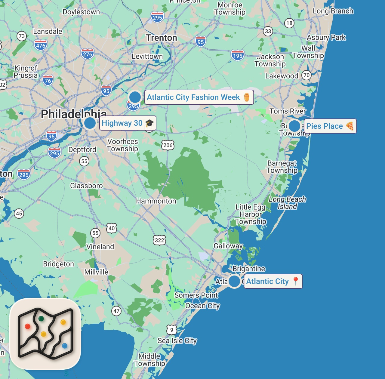 Map of 4 spots from Insane CHEESE STEAK!! 🧀🥩  Best Food in New Jersey - Anthony Bourdain Tour (Day 3)