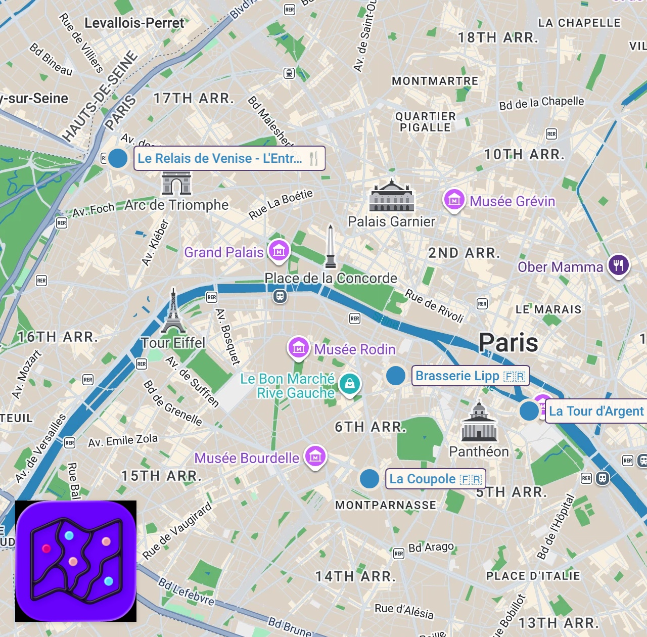 Map of 4 spots from PARIS - Dans les Cuisines des Meilleures Tables