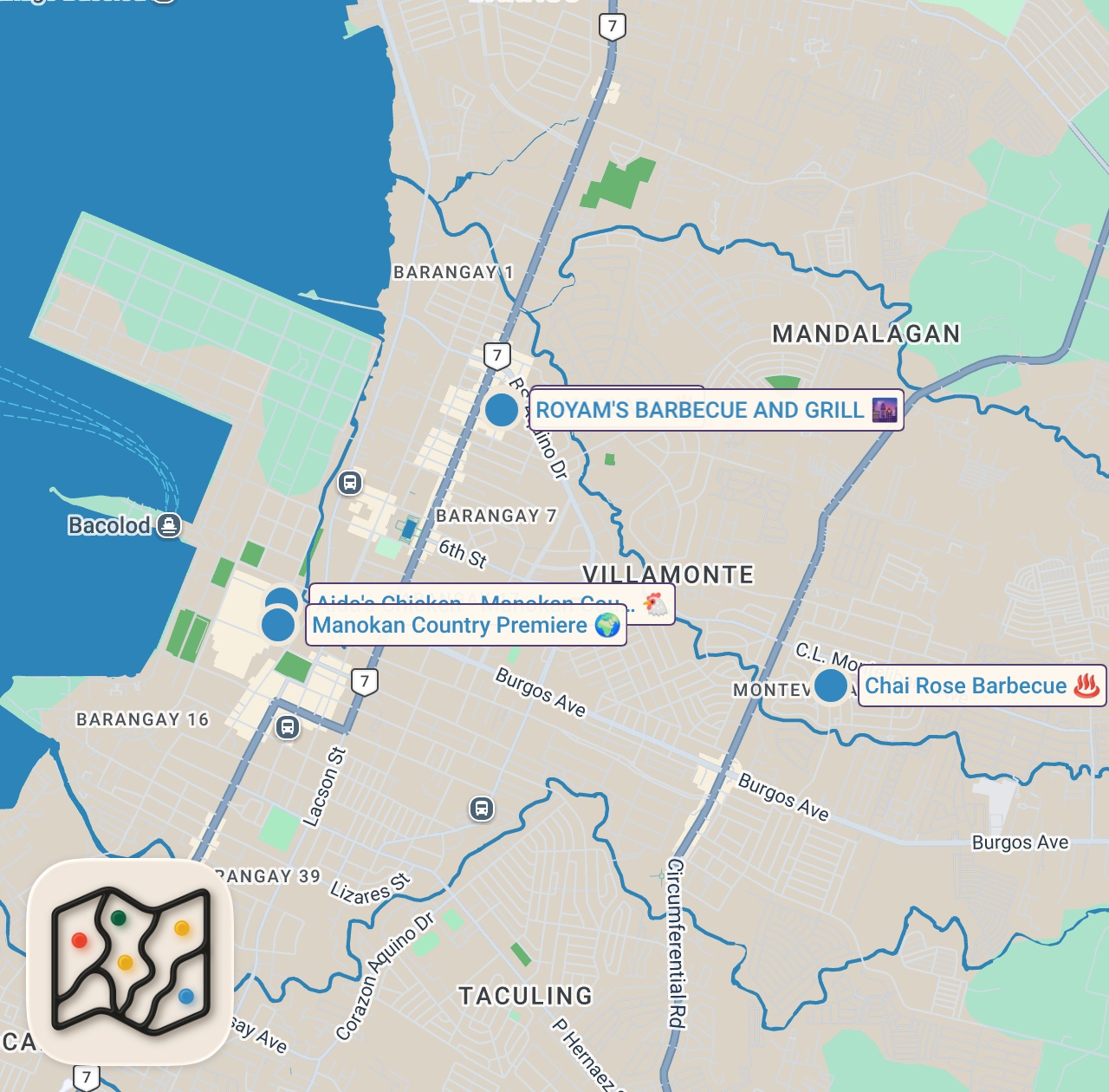 Map of 6 spots from Filipino Street Food in Bacolod!! CHICKEN INASAL + Ultimate BBQ Tour in Philippines!