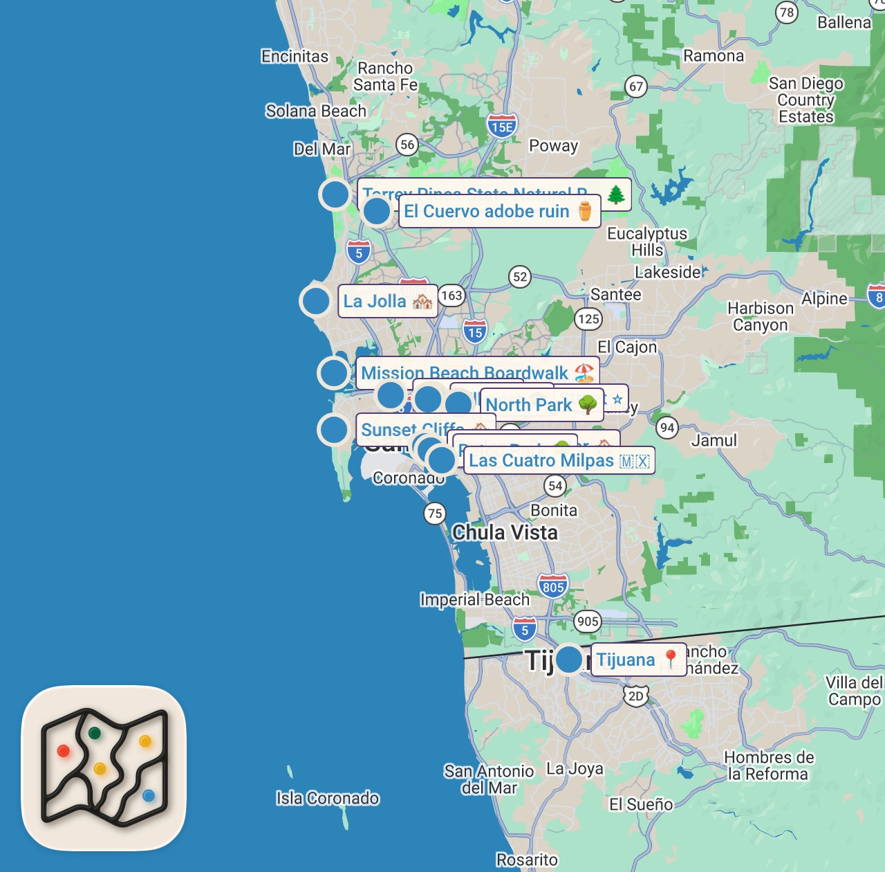 Map of 13 spots from Top 10 Things to Do in San Diego, California