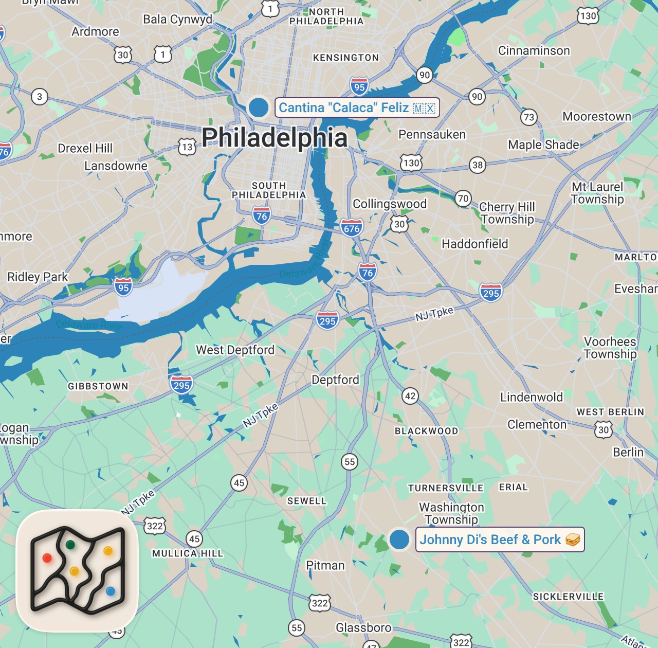 Map of 2 spots from Elite burrito just outside of Philly!