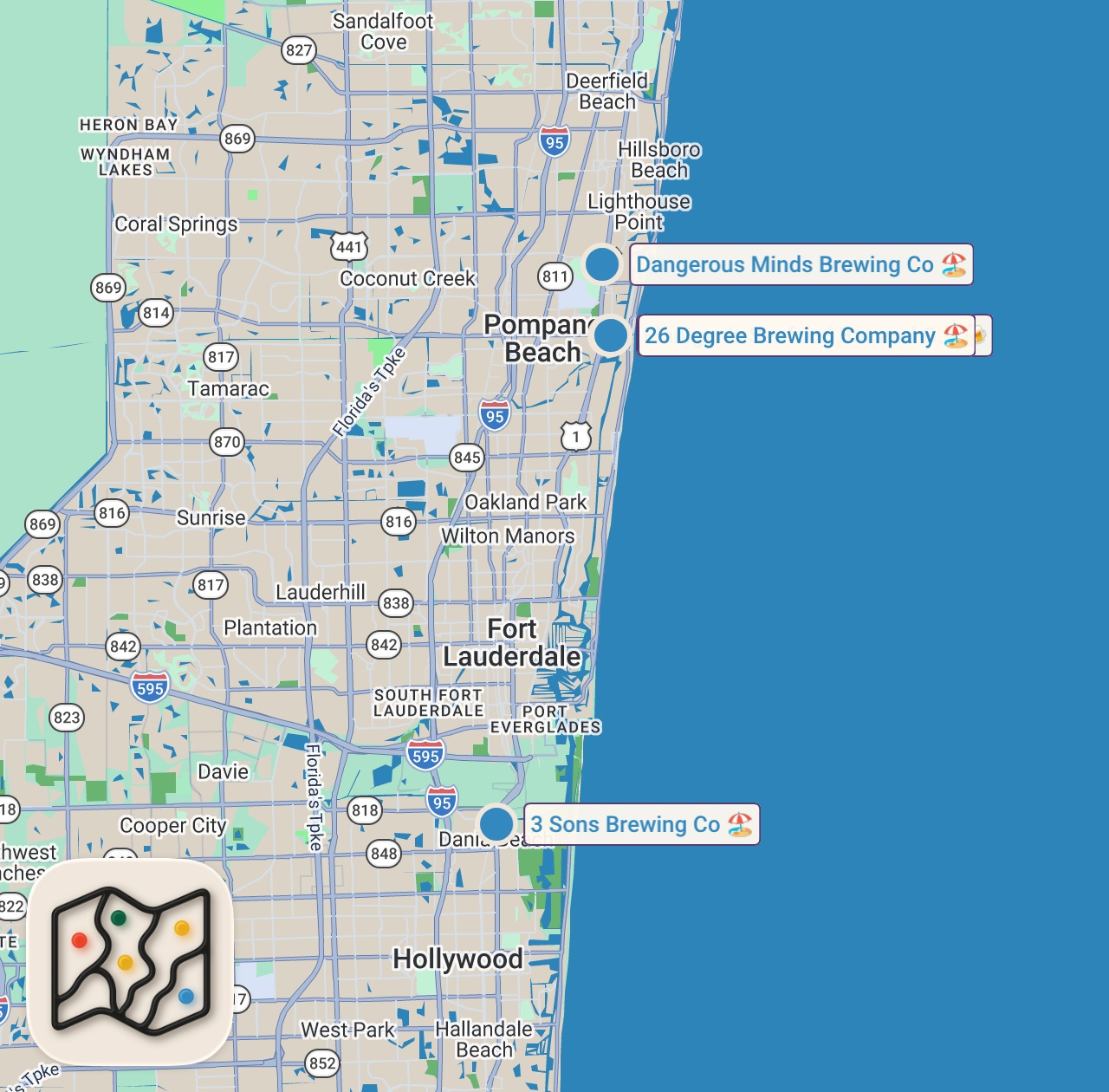 Map of 4 spots from Can I Survive 24 Hours Eating Only Brewery Food?