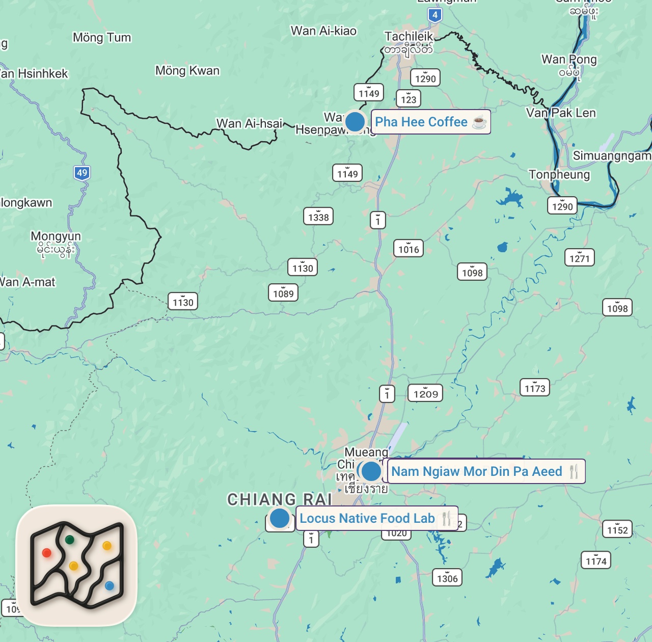 Map of 4 spots from Grilled Meat Package!! UNSEEN THAI FOOD in Chiang Rai, Thailand (เชียงราย)!