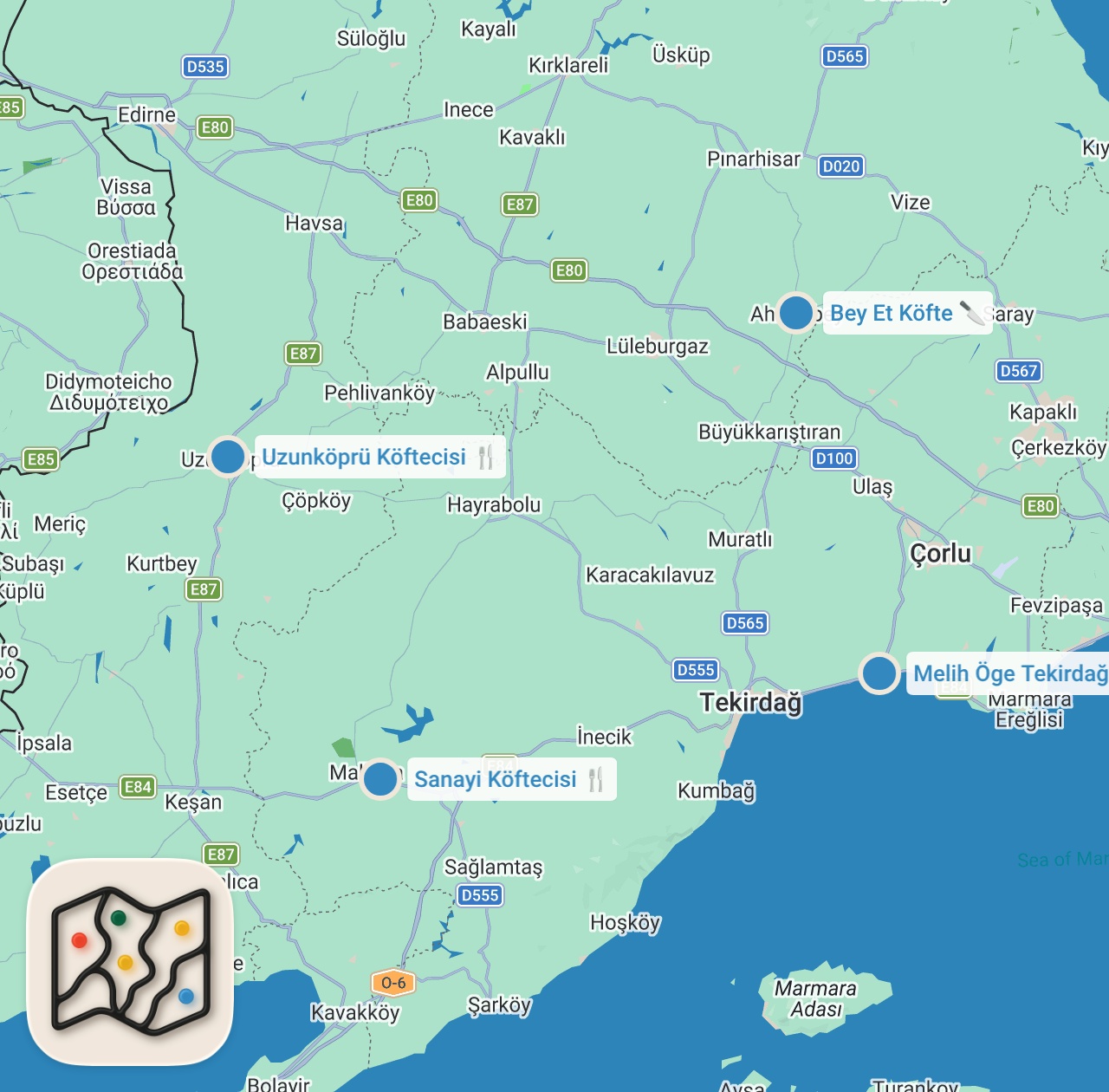 Map preview for TRAKYA KÖFTE ROTASI – Ayaküstü Lezzetler