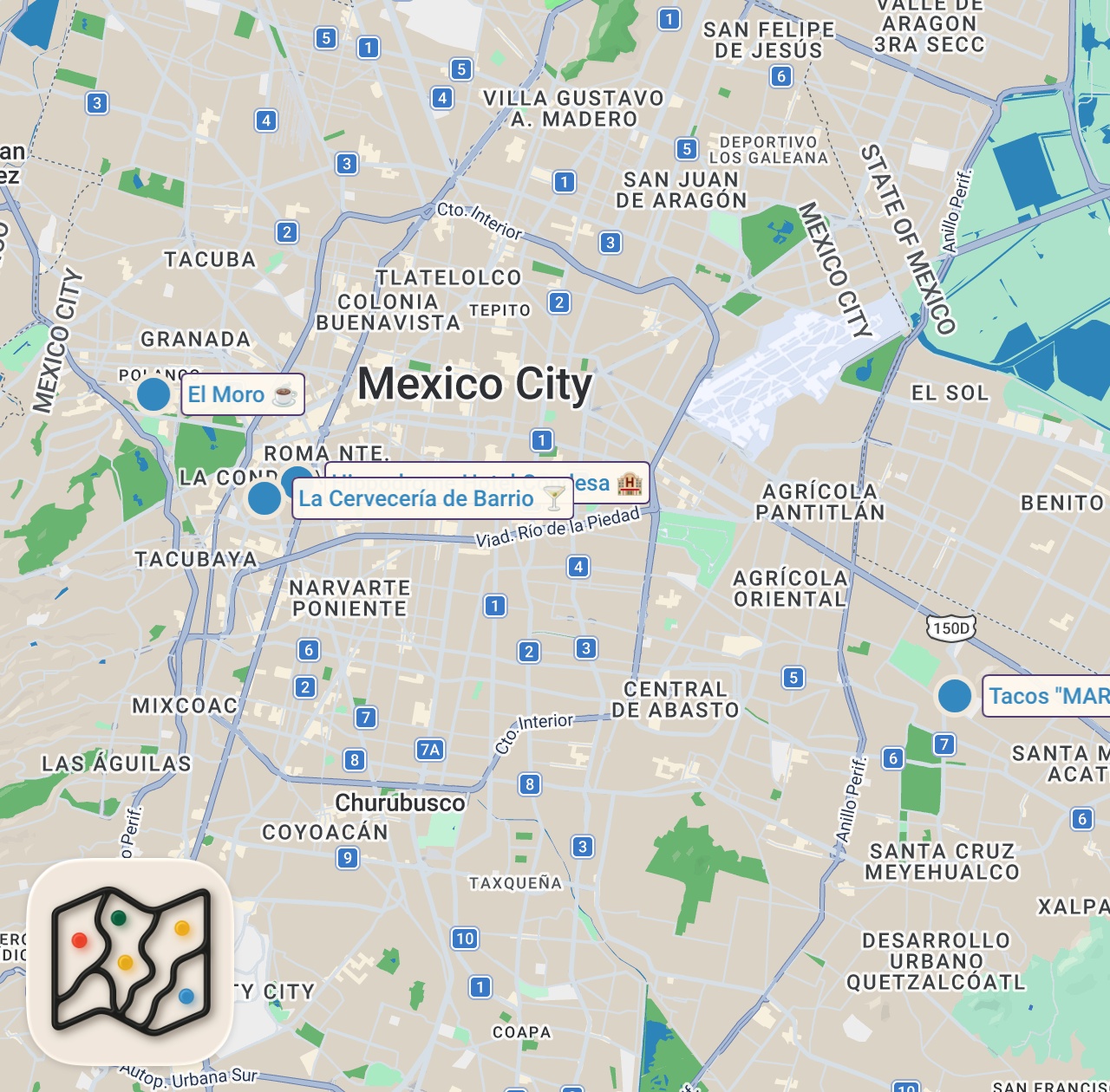 Map preview for DEVOUR POWER Mexico City: Food Tour in La Condesa - Churros, Tacos, and more TACOS!