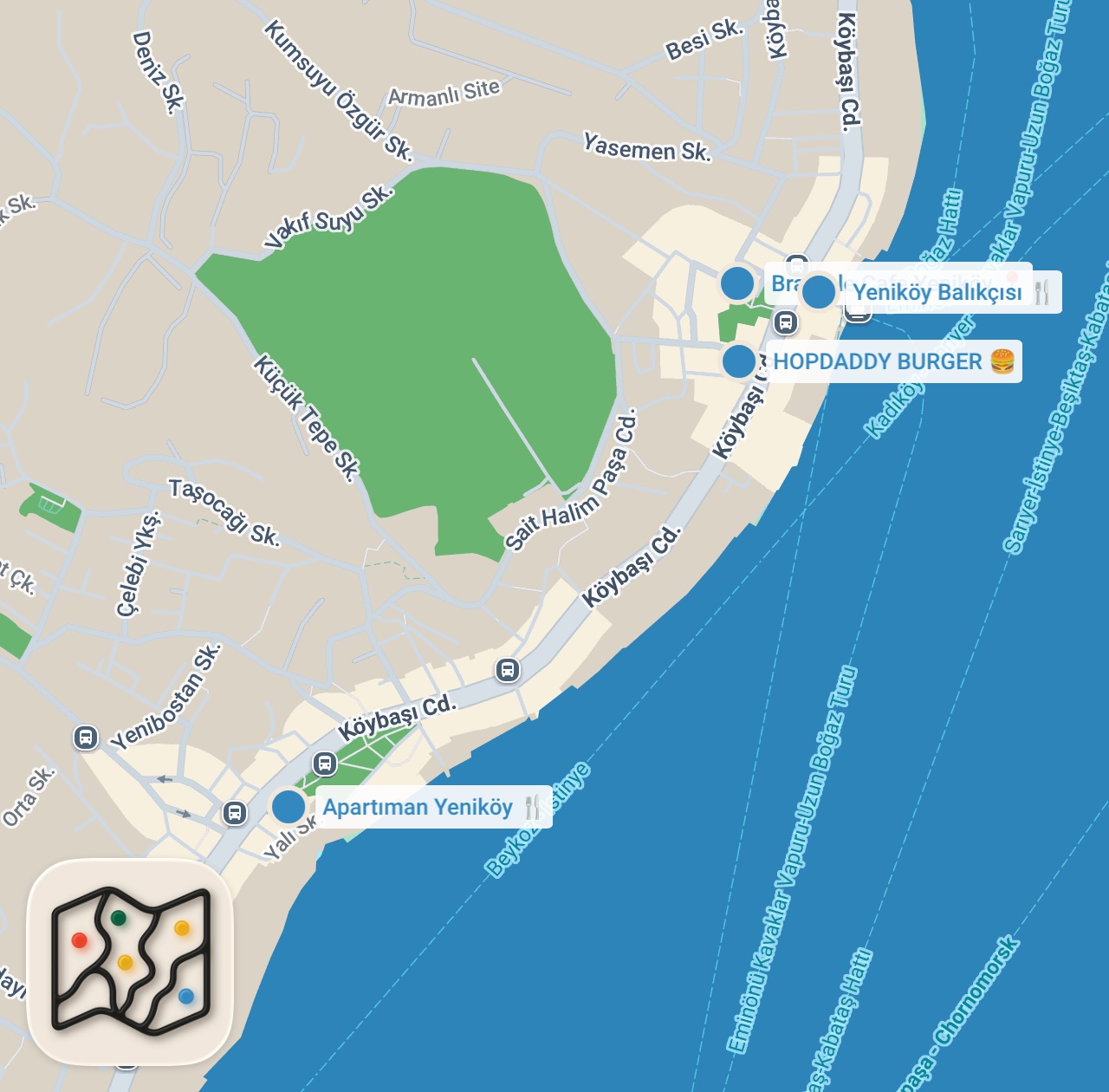 Map preview for YENİKÖY LEZZET REHBERİ (Ördek tandır, kruvasan, hamburger, padron kızartma) - Ayaküstü Lezzetler