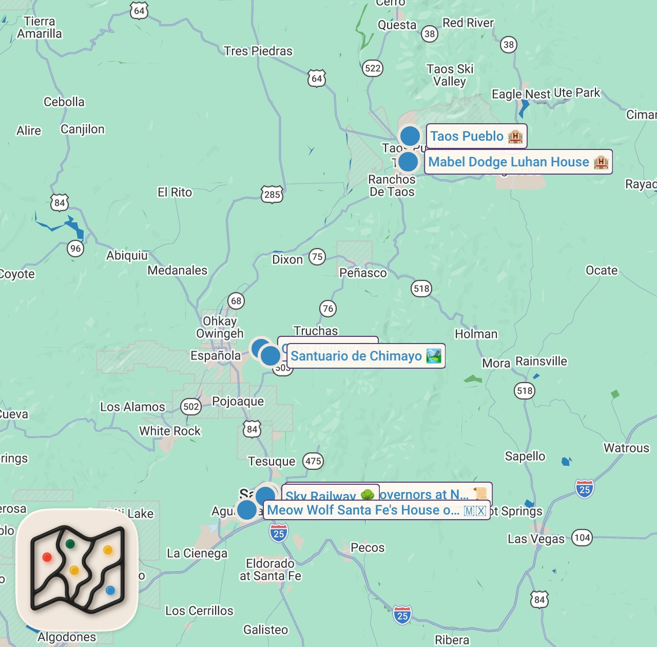 Map of 8 spots from New Mexico Motorcycle Road Trip | Santa Fe to Taos Pueblo