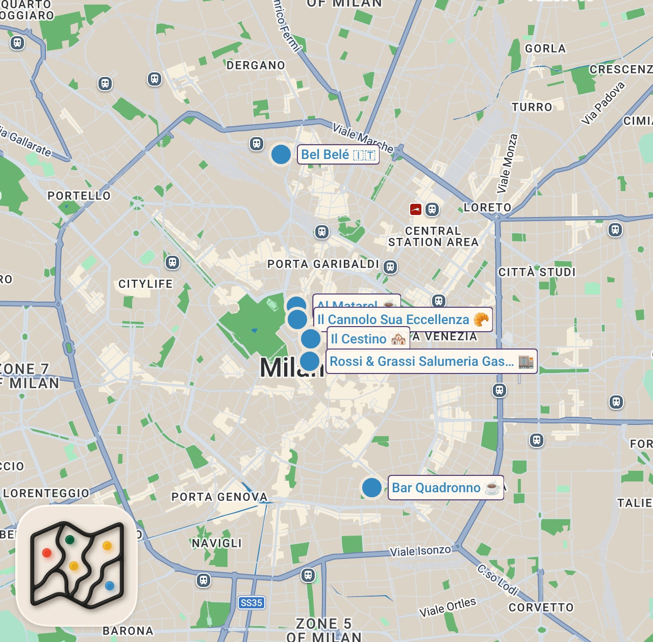 Map of 6 spots from Best Italian Food - 10 MUST EAT Foods When You’re in Milan, Italy!!
