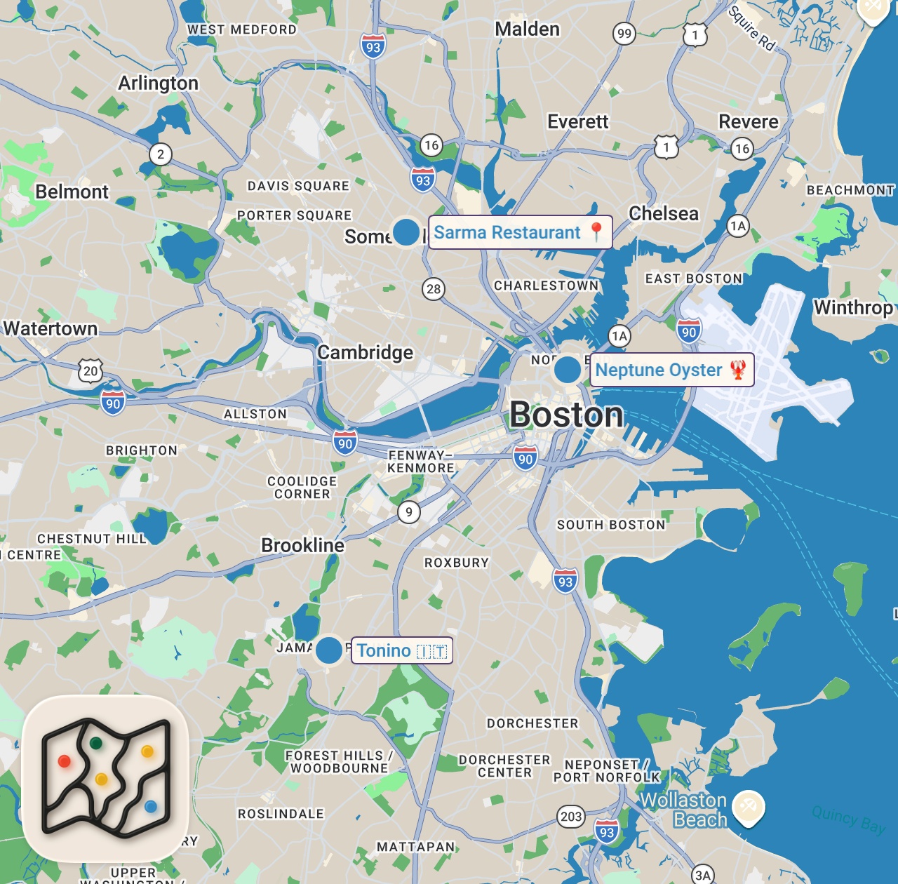 Map of 3 spots from TOP 3 BOSTON RESTAURANTS
