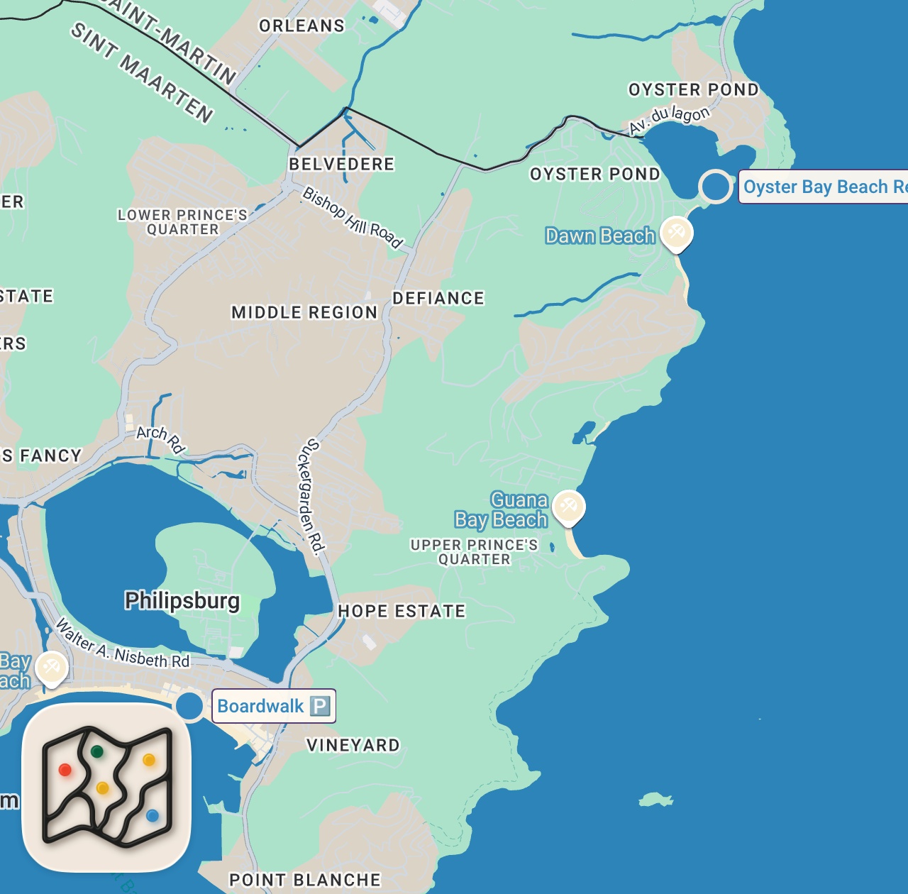Map of 2 spots from Sint Maarten Food Culture Shock!! Dutch Food in the Caribbean!!