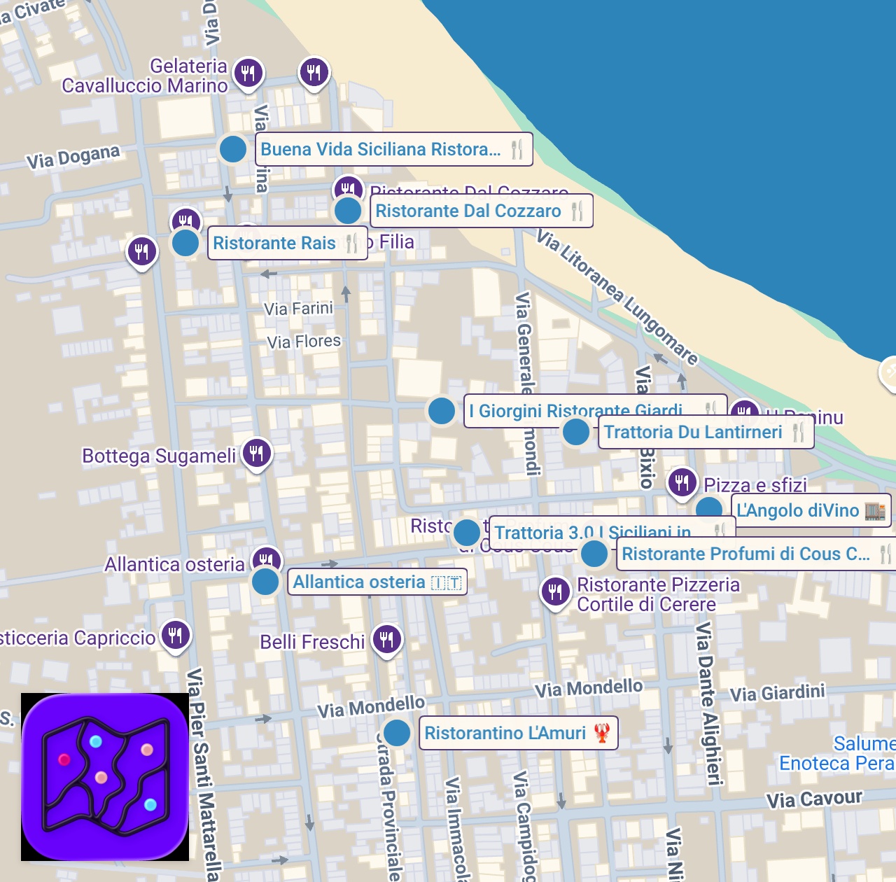 Map of 10 spots from Dove mangiare a San Vito Lo Capo: 10 ristoranti davvero locali