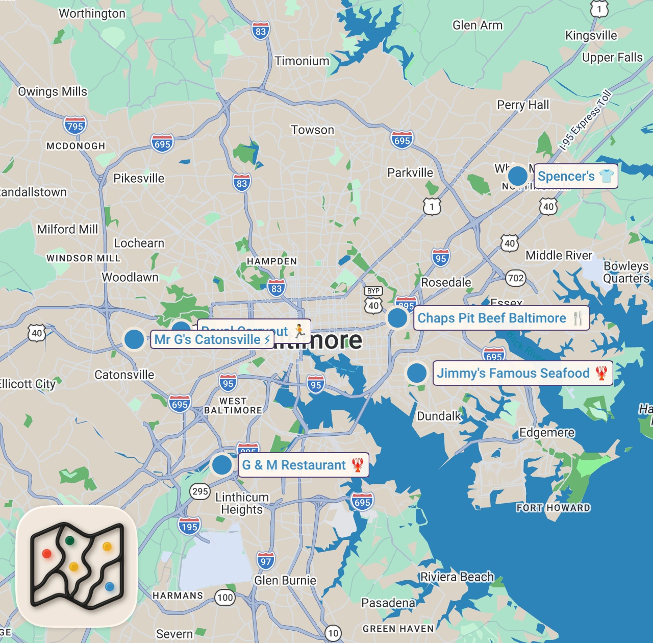Map of 6 spots from Trying the TOP 4 Foods Baltimore is Known For