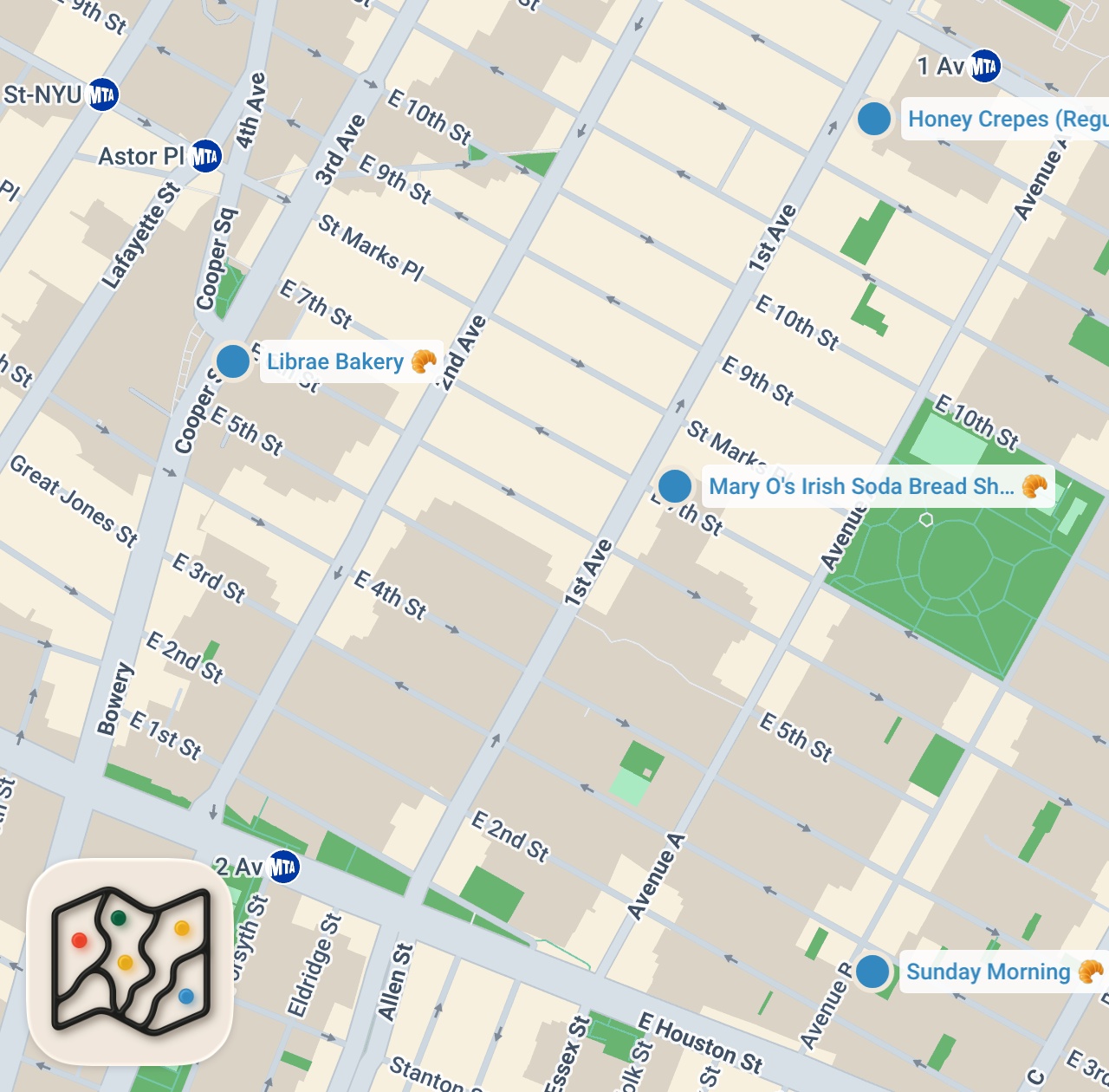 Map preview for 5 nyc bakeries in 1 day lets go #bakerycrawl #eastvillage #bakery #pastries #sweettreat #nycbakery