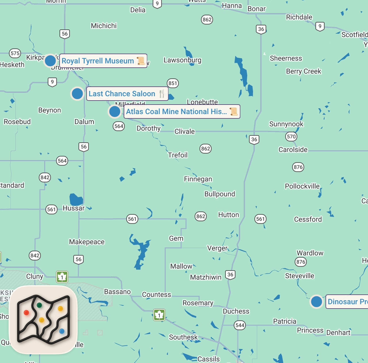 Map of 4 spots from HOW TO DIG FOR DINOSAURS IN THE CANADIAN BADLANDS