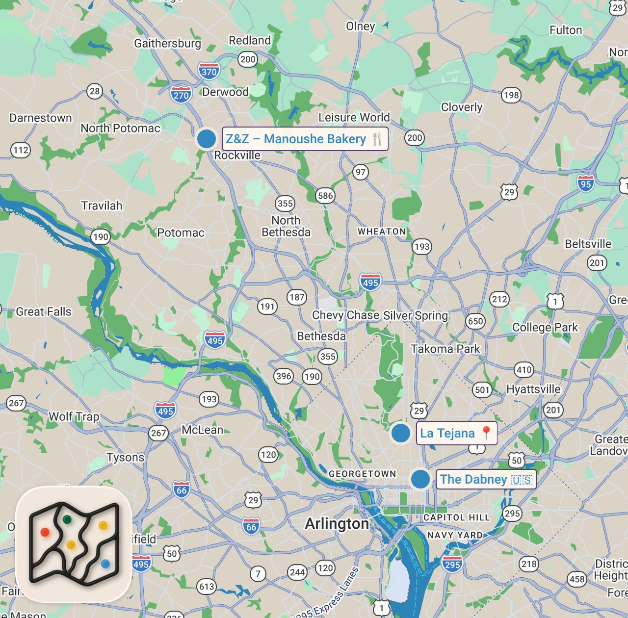 Map of 3 spots from A Pro Chef’s Favorite Places to Eat in Washington, D.C. | Where the Chefs Eat | Condé Nast Traveler