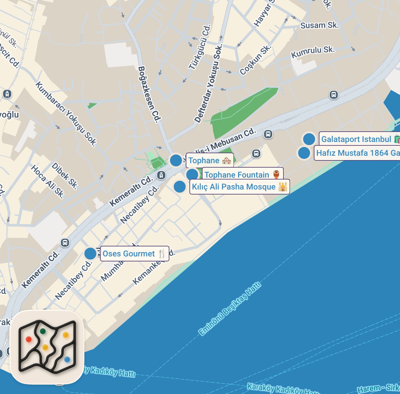 Map of 6 spots from Modern Side Of Istanbul Nobody Talks About - Karaköy, Galataport - Tourist Guide Part 2, Türkiye 🇹🇷