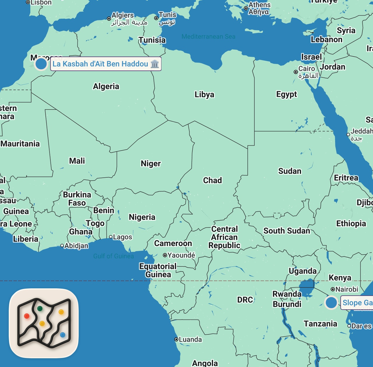 Map of 2 spots from Breakfasts from Around the World 🌍 | Bizarre Foods With Andrew Zimmern | Travel Channel