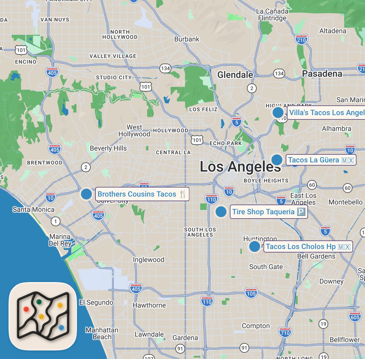 Map of 5 spots from Trying Viral Tacos in LA